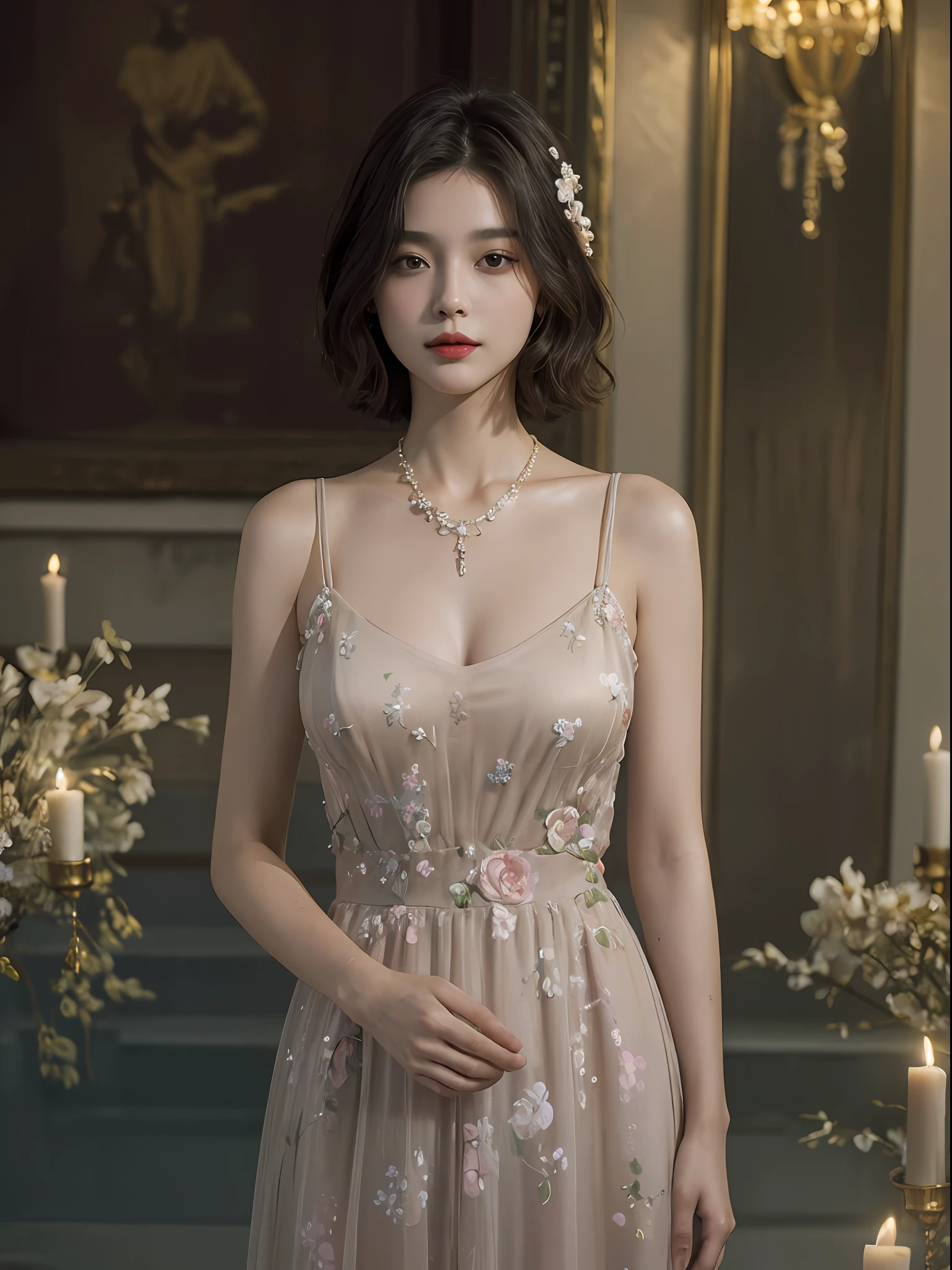 top-quality、​masterpiece、超A high resolution、(Photorealsitic:1.5)、Raw foto、1girl in、murky、deep-shadows、Unobtrusive、cold light、sexy appearance、shorth hair、((very_short_hair))、((Luxury evening dresses))、((Luxurious painting))、((Luxurious necklace))、((Floral hair ornament))、((hair ornament))