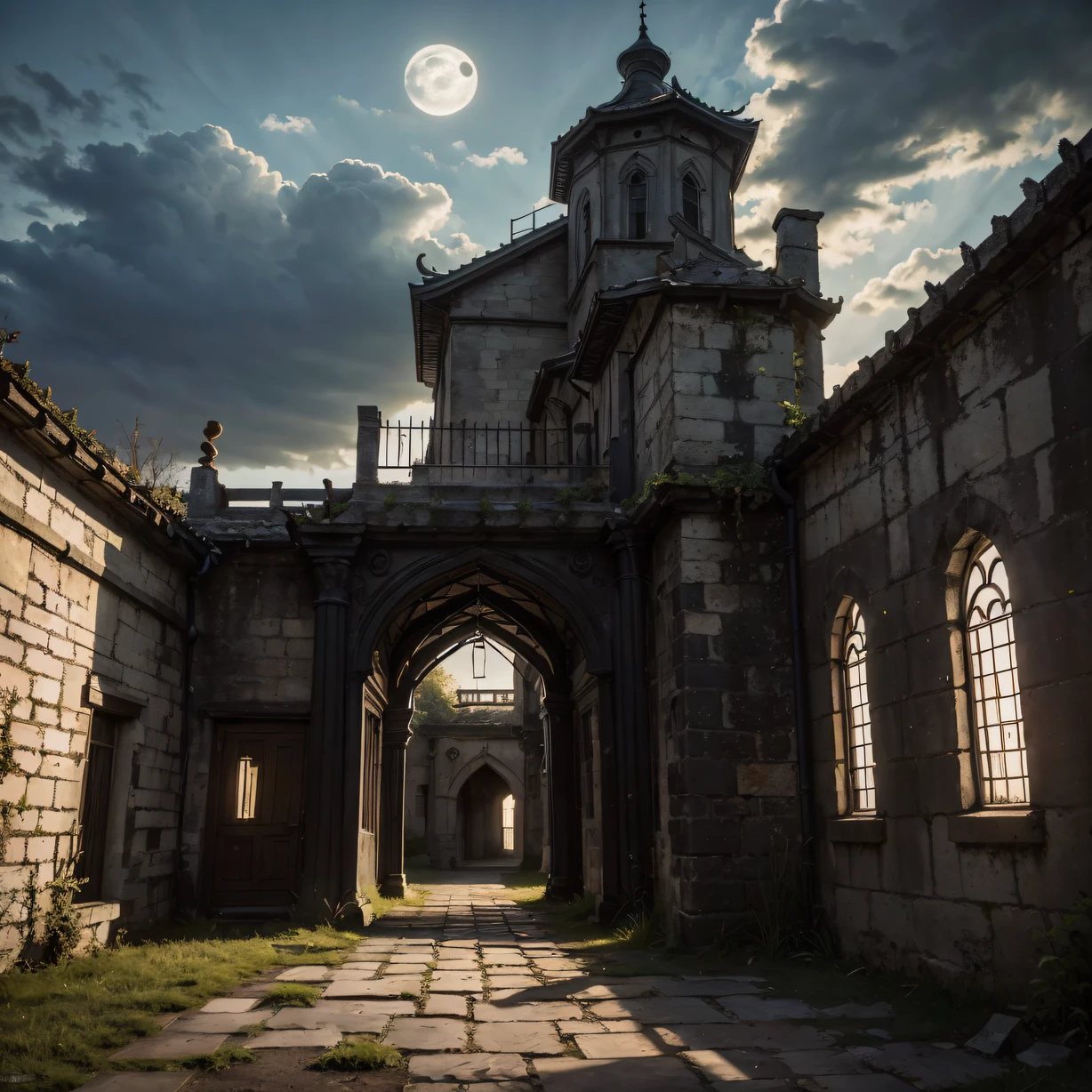 ，masterpiece, best quality，8k, ultra highres，Reallightandshadow，An evening in the courtyard of an ancient castle。Moonlight shines through sparse clouds on the patchwork walls，Outline dark shadows。The tall iron gate opened slightly，It smells of rust，It is like a forbidden place that welcomes the footsteps of visitors。