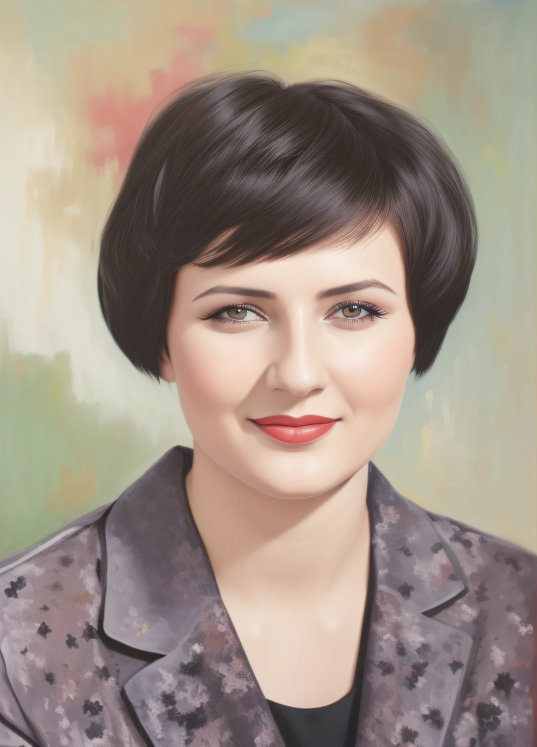 Painting of a woman with a short haircut and a black shirt, digital oil, in style of digital painting, moleksandra shchaslyva, color portrait, detailed color portrait, nadezhda tikhomirova, maria panfilova, color studio portrait, detailed portrait, anastasia ovchinnikova, marina federovna, julia gorokhova, High Quality Portrait