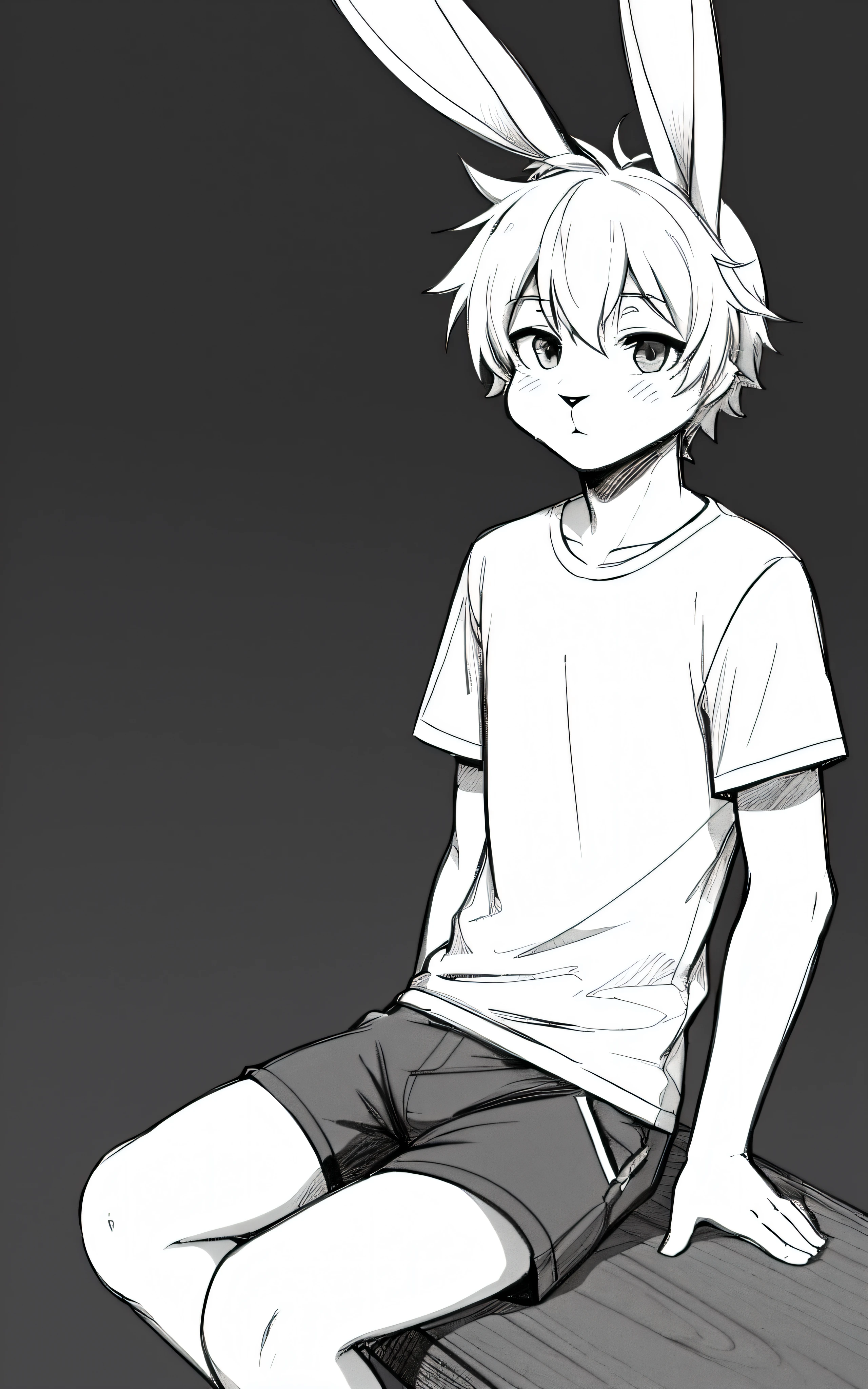 (anthro rabbit boy, rabbit ears:1.2),, (1boy) (furry) (sketch) (sitting, __place__ background, shirt, shorts) monochrome