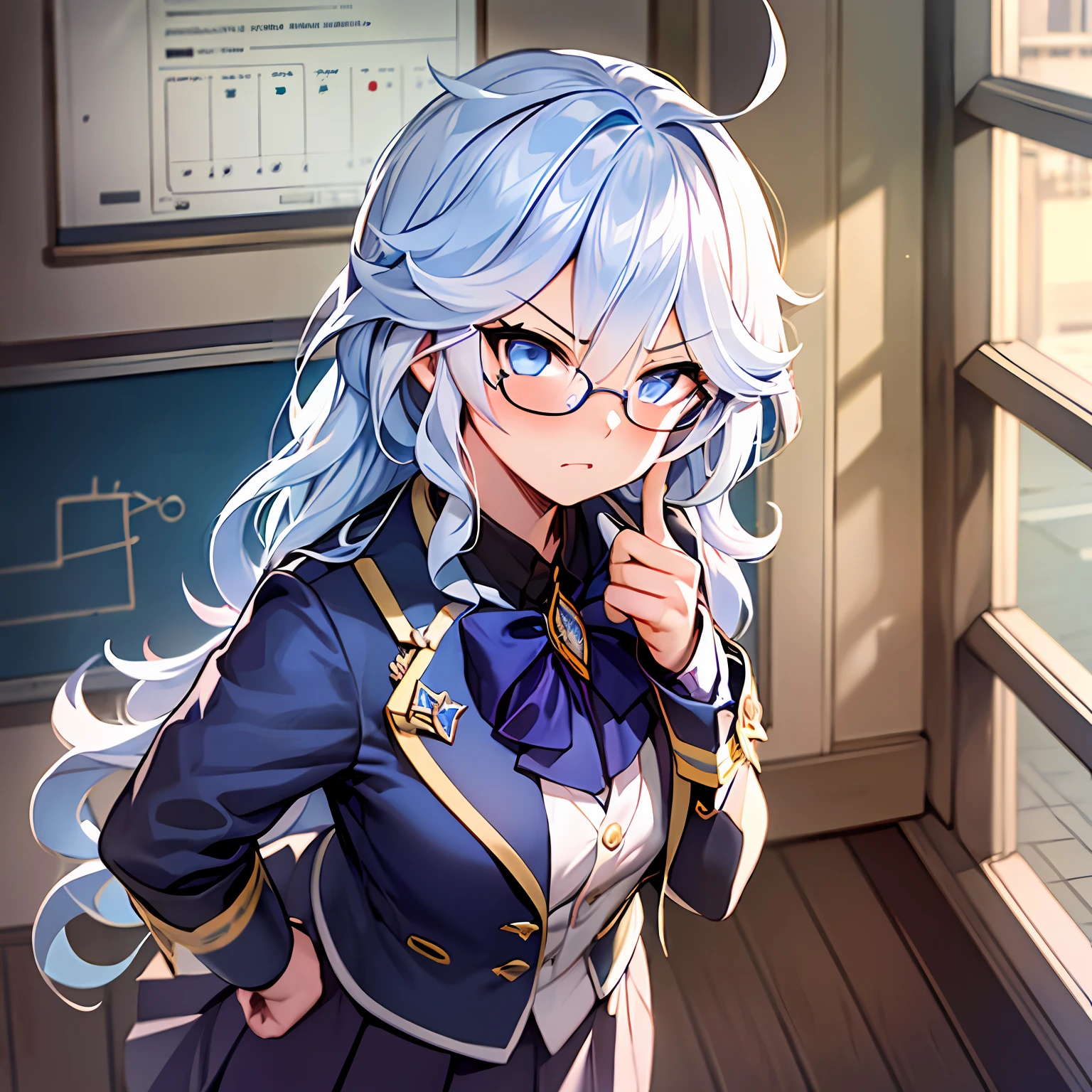 (masterpiece, best quality, ultra detailed, hyper realistic, photo),delicate pattern, detailed background, uncensored completely,
1Focalors, cowboy shot, japanese girl, class room,
school uniform, loose collar, skirt, looking over eyewear,
hair between eyes,
put up index finger and one hand on hip, angry with puffed cheeks,
from above, leaning forward,