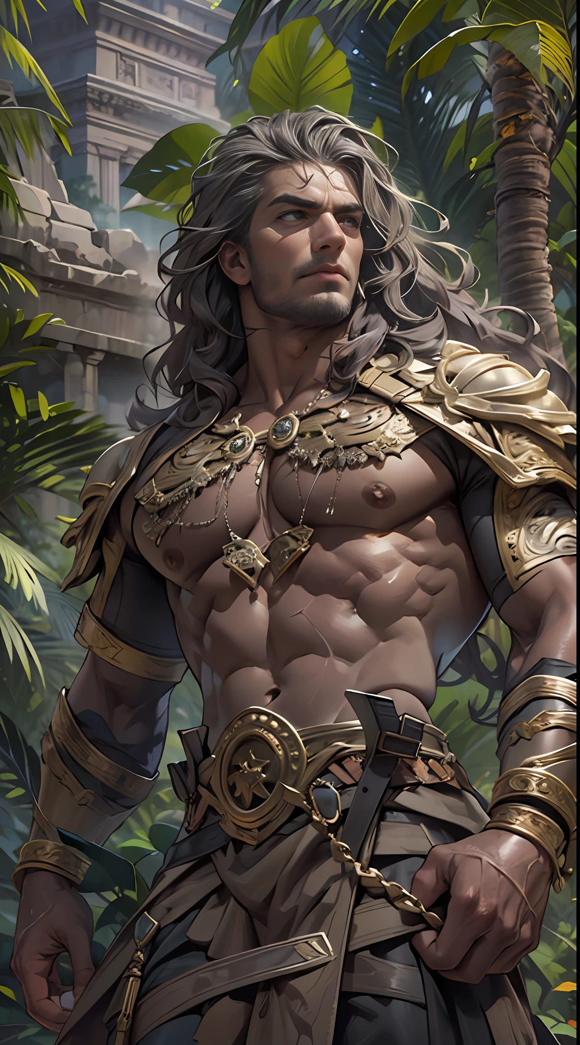 Sculpted warrior, exposed upper torso, legs bared from thighs to feet, flowing long curls, intricate muscular details, photorealistic depiction, 4K resolution. Background: Ancient temple ruins in a lush jungle,32k uhd, best quality, masterpiece, super detail, high details