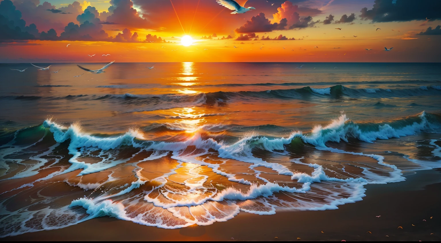 Absolutely mesmerizing sunset on the beach,A flock of flying seagulls in the sky mixed with orange、Pink and yellow。The sea is crystal clear,Kissing the shore tenderly,A couple strolling on the endless white sands of the beach。The scene is full of movement,breath-taking,Seagulls soar high in the sky,Palm trees sway gently。Soak up the calm atmosphere,Let tranquility envelop you。