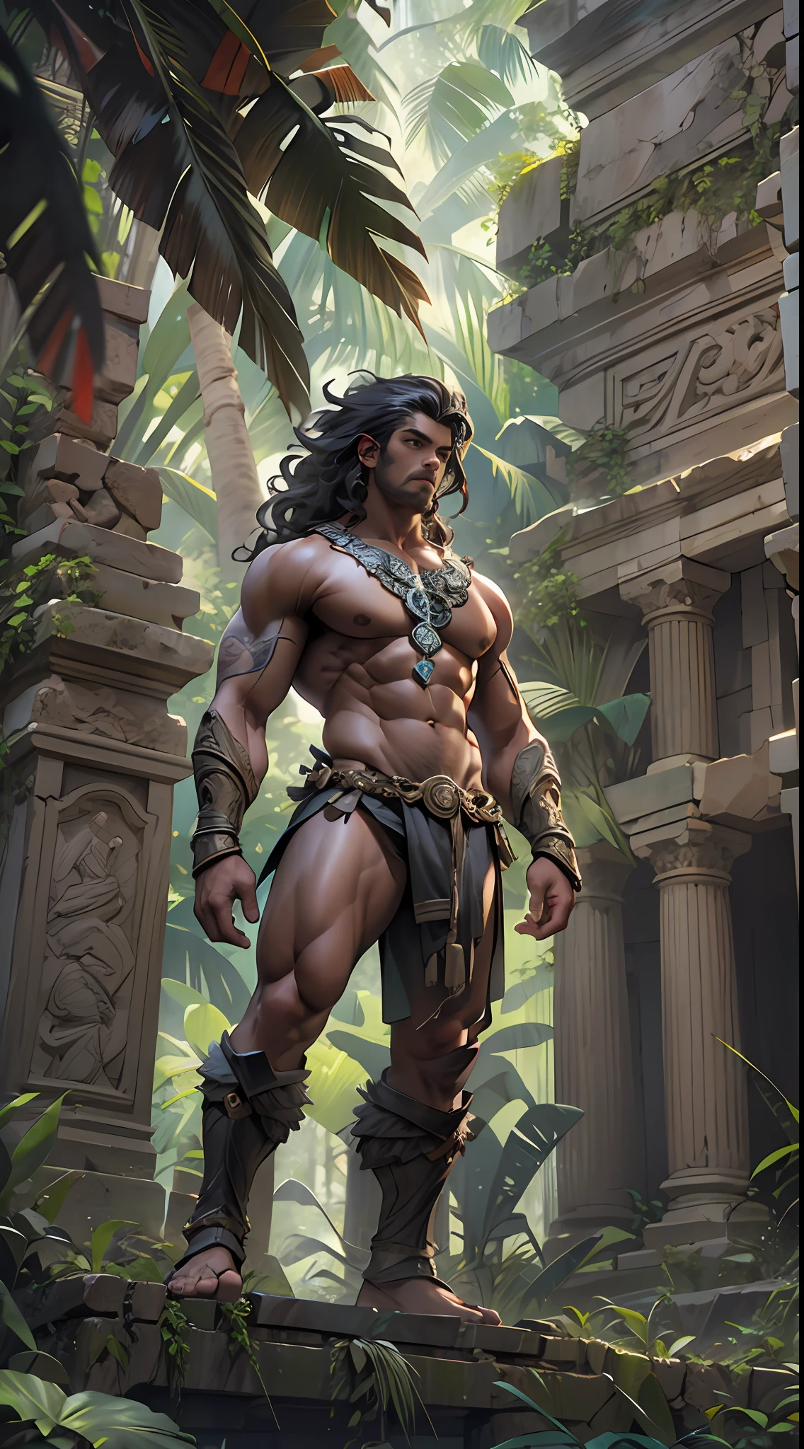 Sculpted warrior, exposed upper torso, legs bared from thighs to feet, flowing long curls, intricate muscular details, photorealistic depiction, 4K resolution. Background: Ancient temple ruins in a lush jungle,32k uhd, best quality, masterpiece, super detail, high details