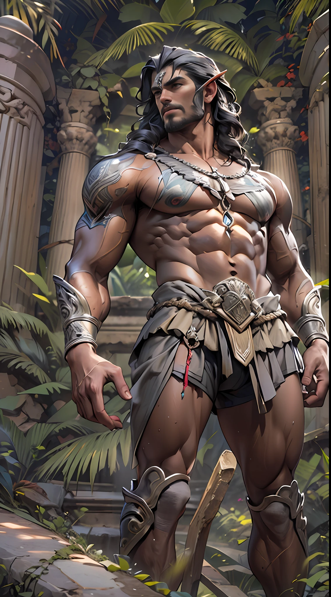 Sculpted warrior, exposed upper torso, legs bared from thighs to feet, flowing long curls, intricate muscular details, photorealistic depiction, 4K resolution. Background: Ancient temple ruins in a lush jungle,32k uhd, best quality, masterpiece, super detail, high details