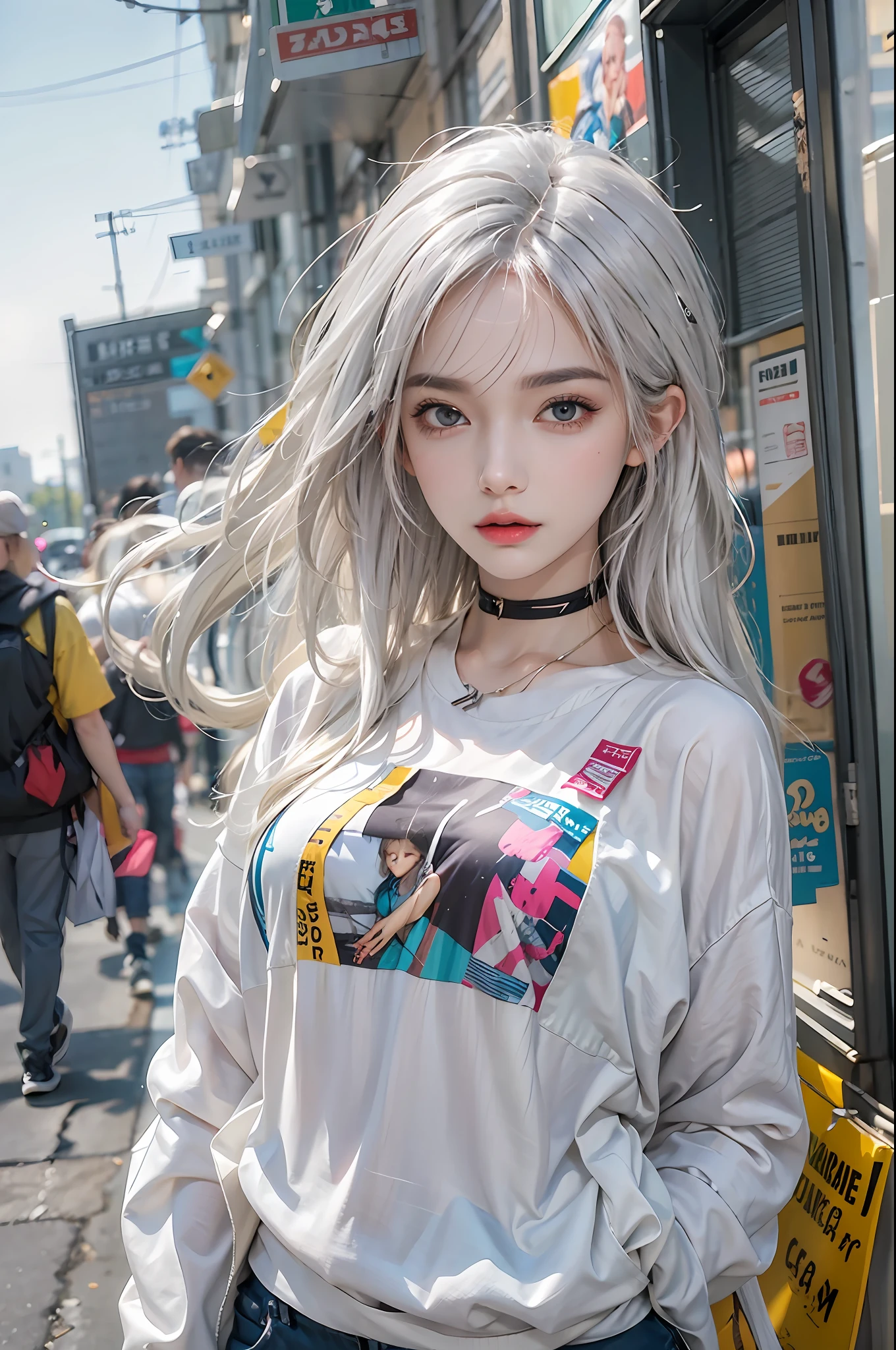 photorealistic, high resolution, 1 women, solo, hips_up, hips up, beautiful eyes, look at viewer, close lips, detailed face, white hair, long hair, colorful clothes, street wear, sneaker