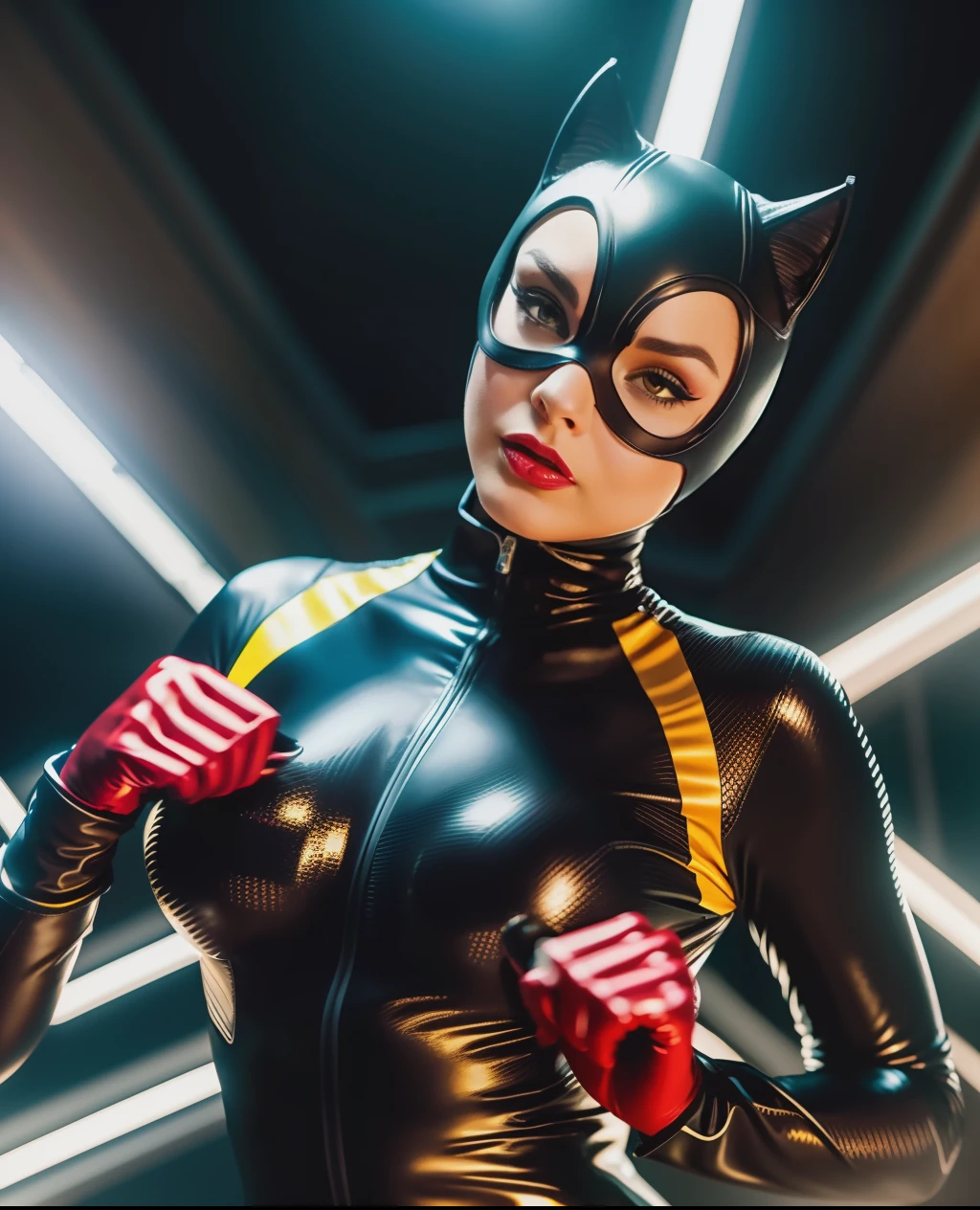 Catwoman grooving, wearing a full body suit, soft shadows, clean sharp focus, no contrast, film photography, professional color grading, hyper-realistic, intricately detailed, uhd, 8k, red yellow black, dramatic background