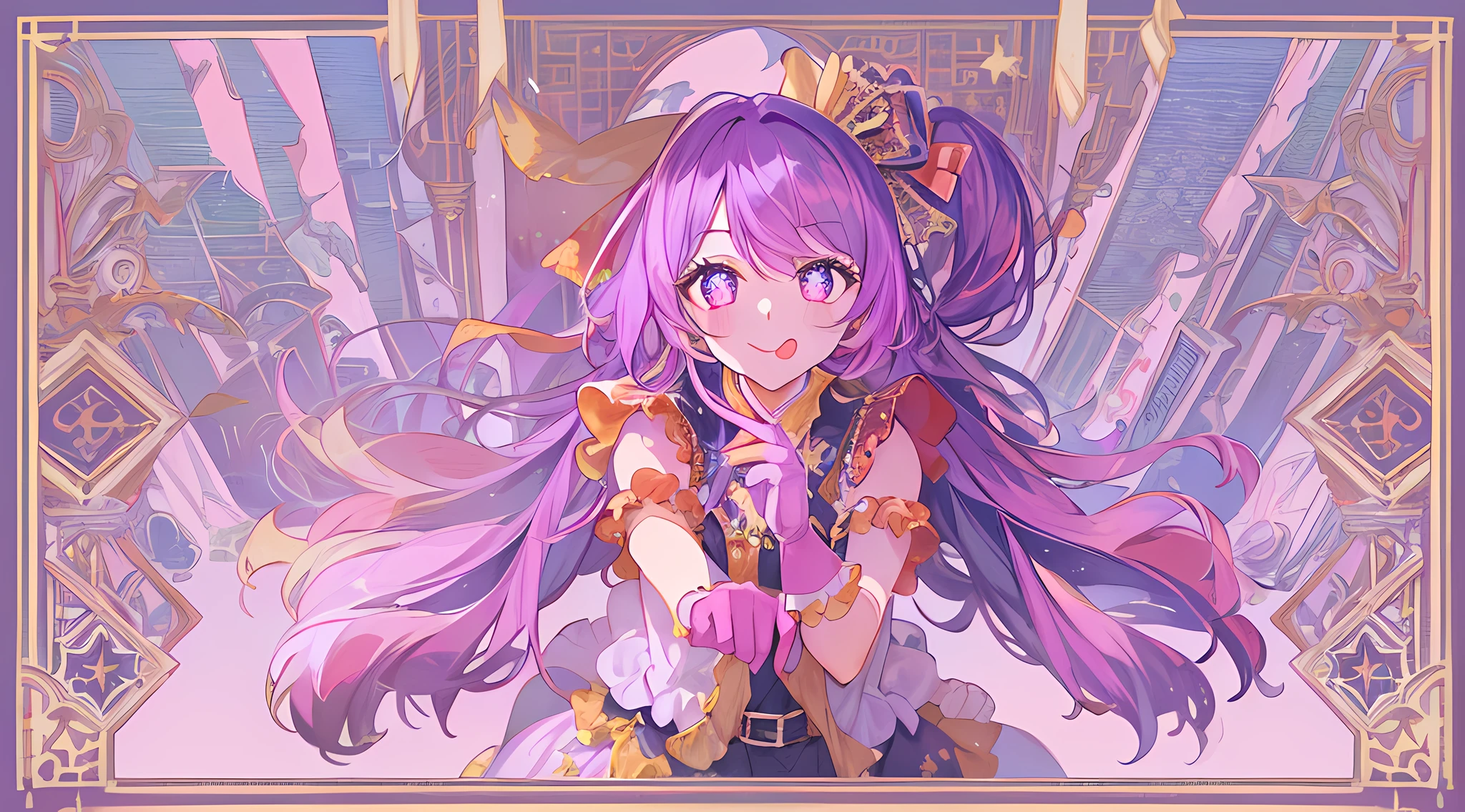 1girl, full body, cowboy shot,
(Rembrandt), illustration, (masterpiece), (best quality), (ultra_detailed), finely detail, (Depth of field),
HshinoAi,gloves, tongue out, tongue, long hair, star \(symbol\), looking at viewer, (purple hair:1.2), purple eyes, upper body, hair ornament, :p, frills, pink shirt, smile, sleeveless, shirt, idol, symbol-shaped pupils, hands up, bangs, one side up, star-shaped pupils, arms up,
dress pull,
Roaring Twenties, isometric, from above, sky, flower, cliff,