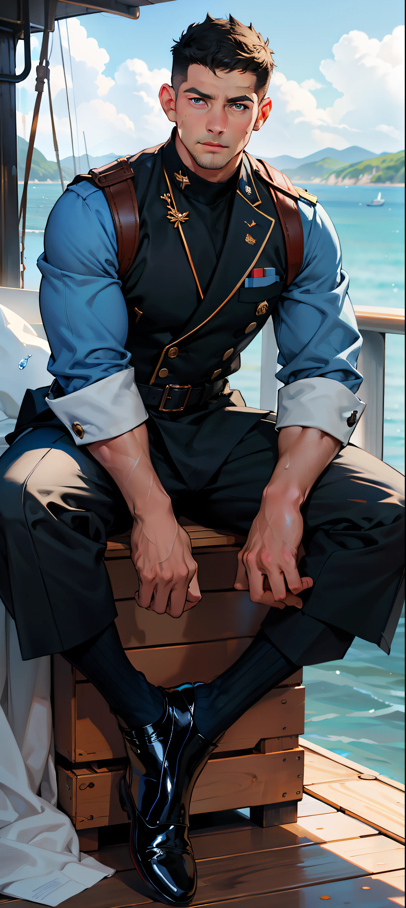 masterpiece, best quality, face, natural eyes, 1man, european, big feet, black socks, full body, large bulge, long legs, looking at viewer, 30 years old, muscled and mature, sea, a navy soldier, white navy army uniform, wearing balck leather shoe, short haircut, sitting on a ship deck with legs streched, deck, ship, sea, ship deck, blue eyes, flush, organism, face covered with white fluids, sweating, tight cloth, erecting