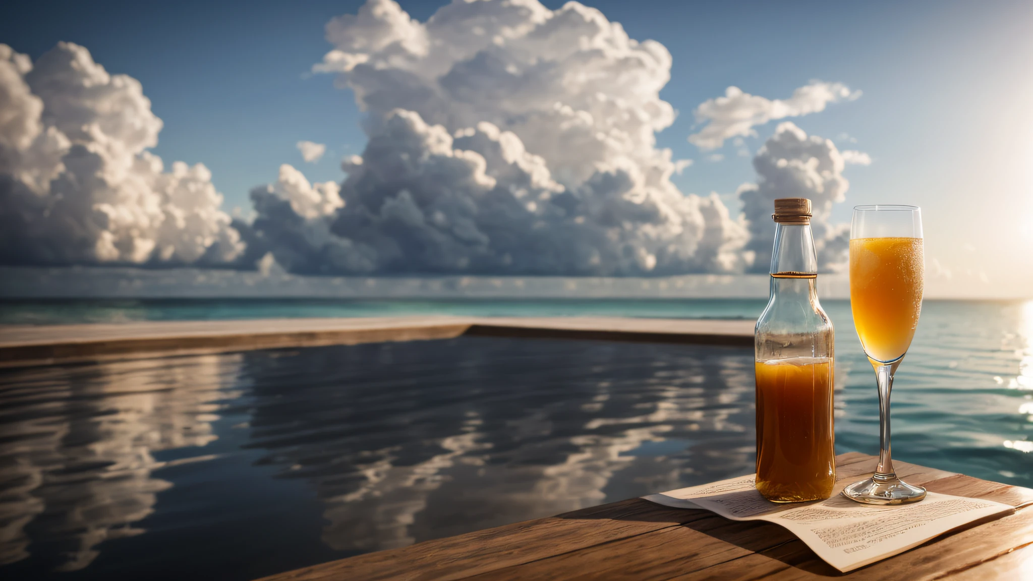 white colors,On the cloud,Dark brown glass bottle,Golden drinks,great weather,summer day,Relaxed,warm,with blue sky and white clouds, The background is the sea, Depth of field, Ray tracing, hyper HD, ccurate, High details, Textured skin, High quality, Best quality, A high resolution, Award-Awarded, Anatomically correct, 巨作