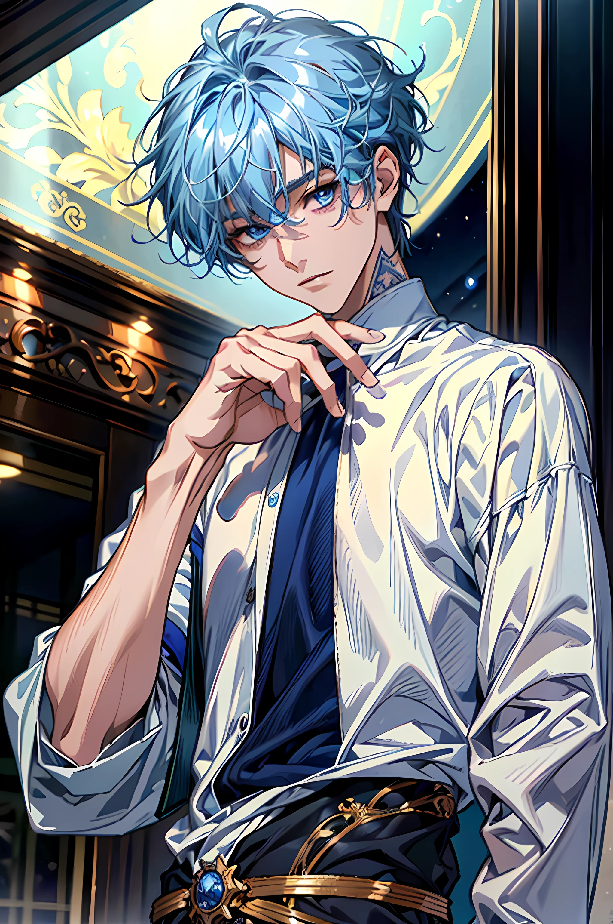 (absurderes、hight resolution、ultra-detailliert、nffsw)、​masterpiece、top-quality、1boy、a handsome、shorth hair、finely eye and detailed face、Dimples、brow、mid night、selfy、blue hairs、blue eyess、suits、white t-shirts