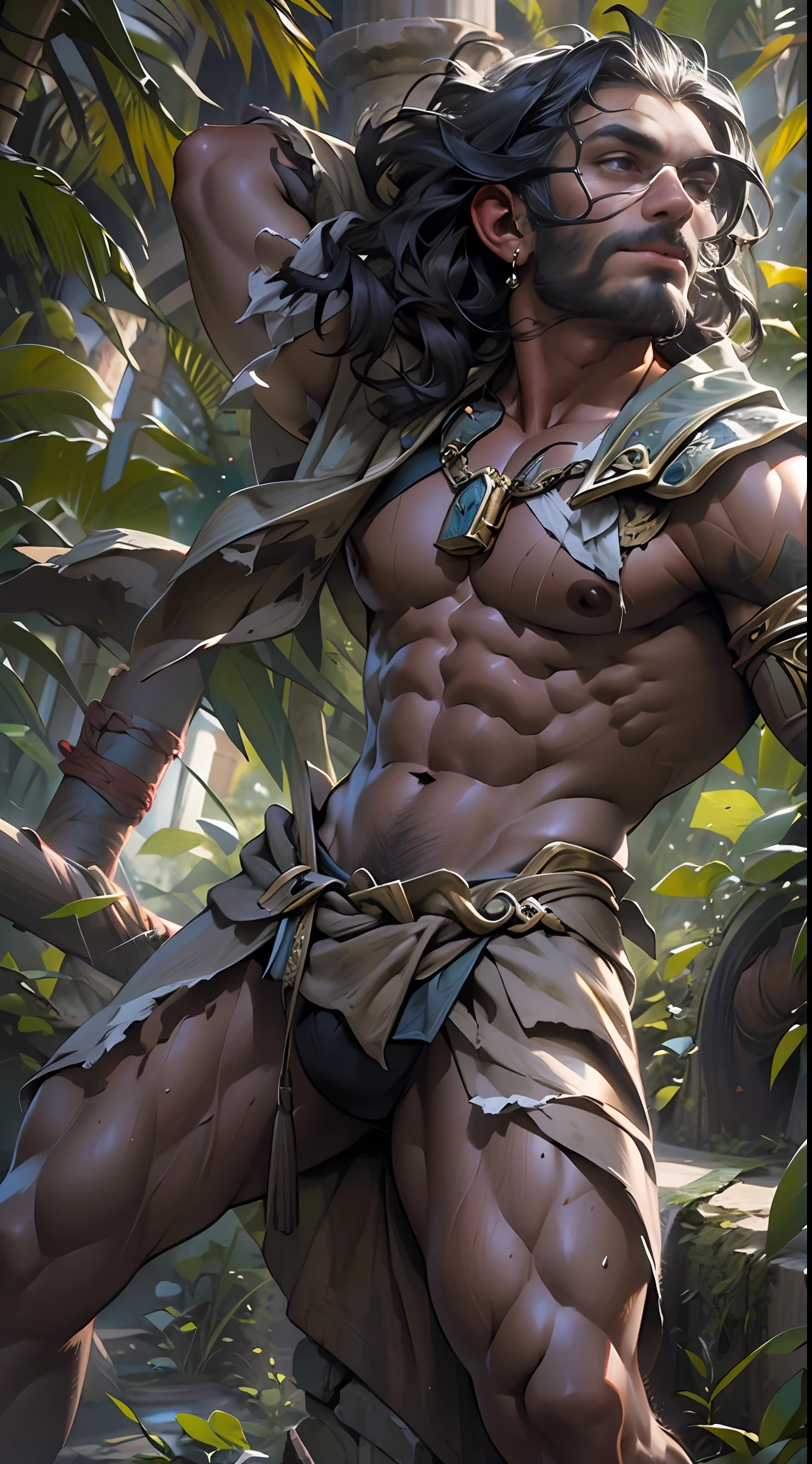 Sculpted warrior, exposed upper torso, legs bared from thighs to feet, flowing long curls, intricate muscular details, photorealistic depiction, 4K resolution. Background: Ancient temple ruins in a lush jungle,32k uhd, best quality, masterpiece, super detail, high details