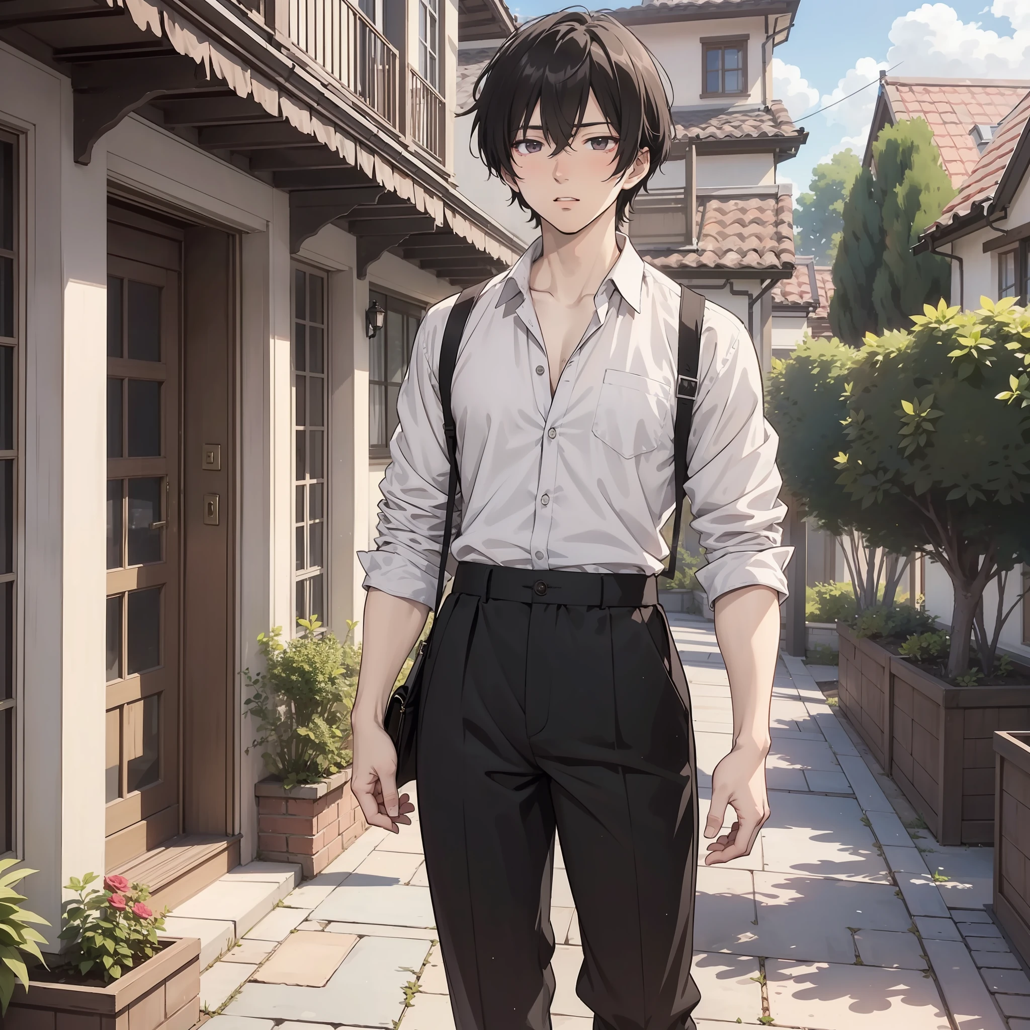 One wearing a white shirt,A 20-year-old man with short black hair stands in the courtyard of the house(Blush 1.5)(Open mouth 1.5)(The background is the yard of the house 1.5)style of anime4 K,Anime rendering,style of anime。8K,Handsome anime face(Full body display 1.5)(Handsome man 1.3)(Cinematic lighting 1.5)(Master masterpieces:1.4)(Ultra-high detail1.5)(Best quality1.5