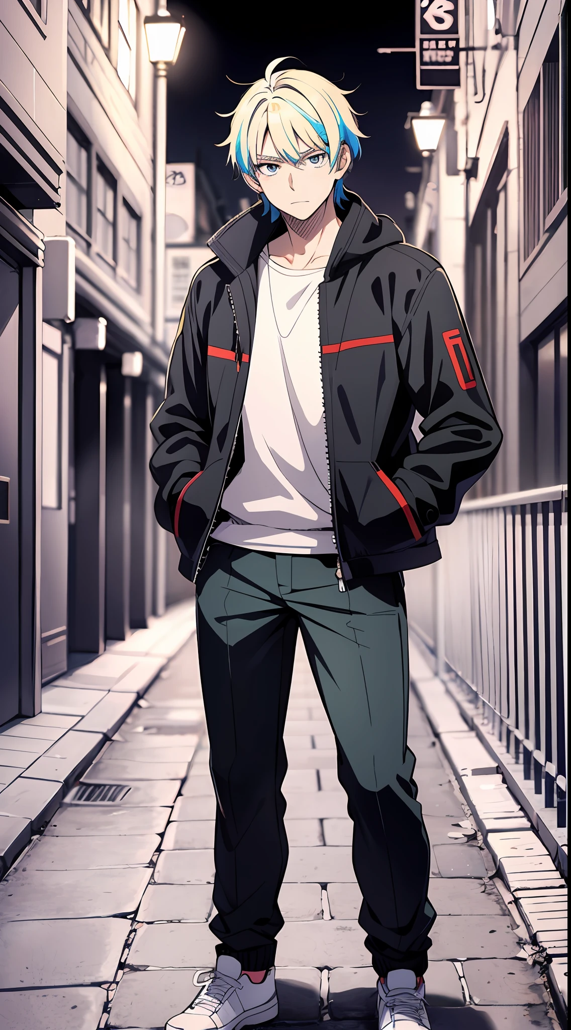 anime, standingn, Foco masculino, Black jacket, hands in a pocket, short hair, sozinho, Devaneio, Luz, colorful manga, manga color, colorful manga, color manga panel, fundo simples