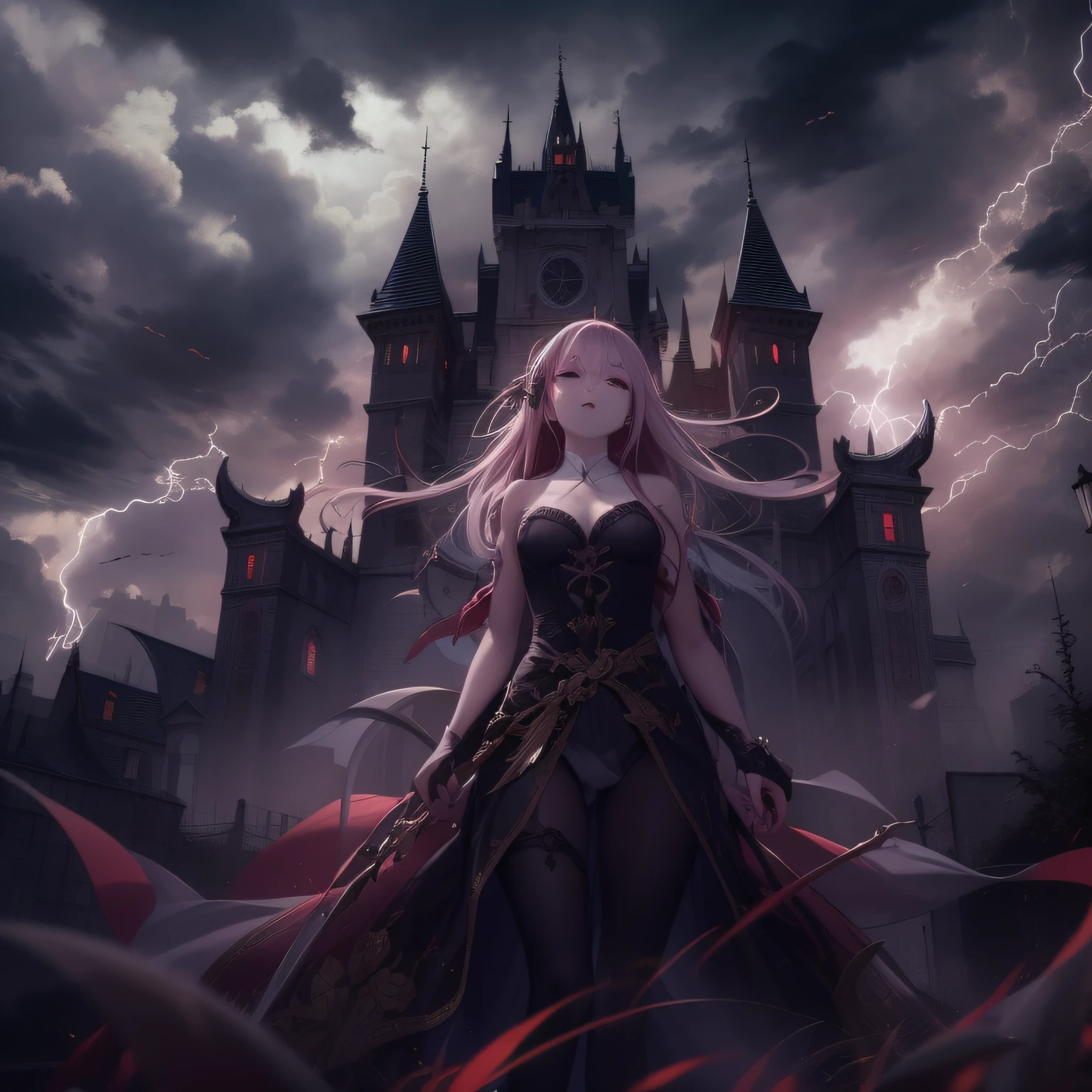 gloomy castle, Hordes of armed angels surround the sky above the castle、Lightning clouds, Atmospheric lightning, Pink lightning, With thunderstorms, Dramatic purple lightning, Dark storm with lightning, Lightning in the sky,Rough skies、Female vampire looking up at the sky、Black Gothic Dress、Red moon peeking through the clouds、Angels are flying in the sky、The vampire glares at the angel from the ground、wide Shots、small tits、Demagogic smile、sharp and long double teeth、