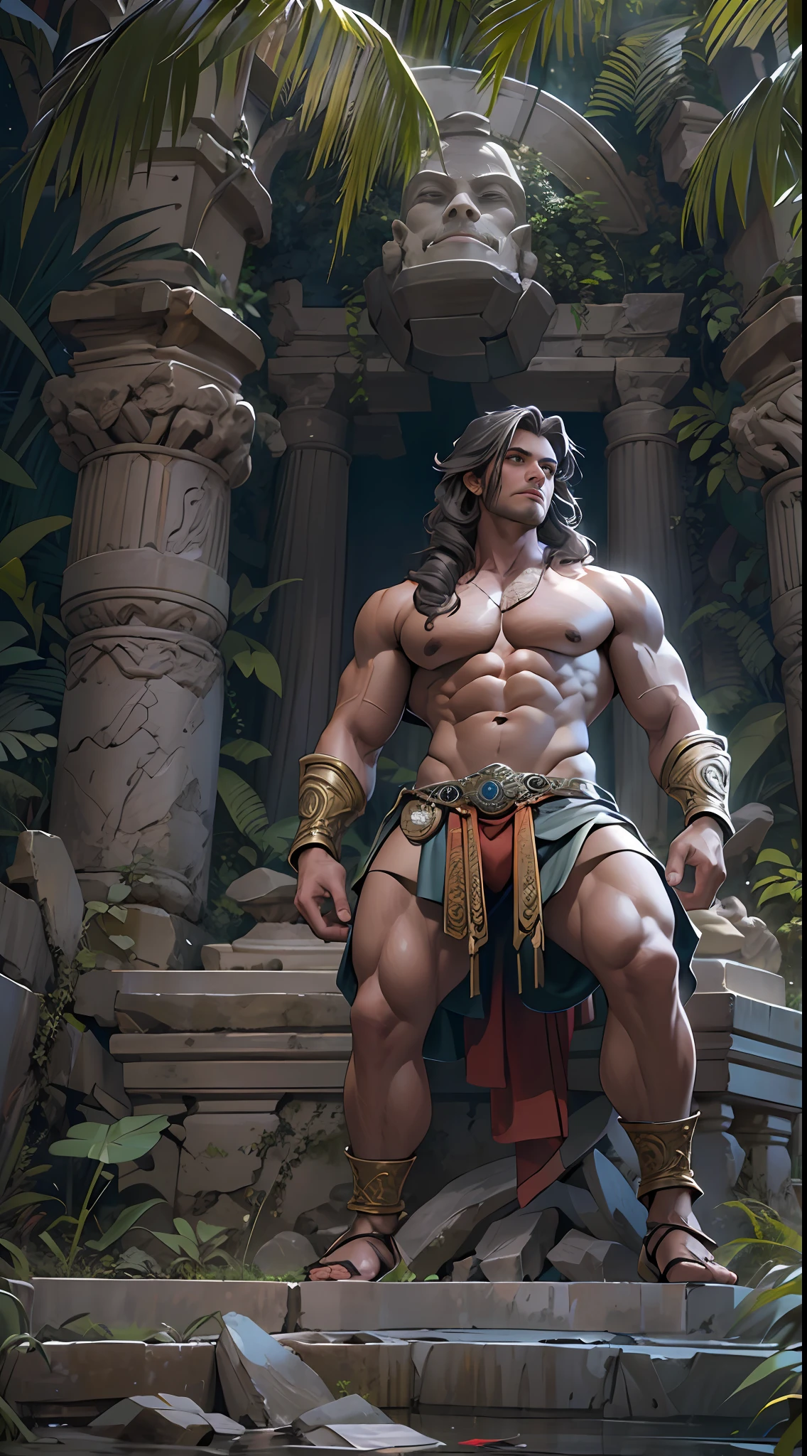 Sculpted warrior, exposed upper torso, legs bared from thighs to feet, flowing long curls, intricate muscular details, photorealistic depiction, 4K resolution. Background: Ancient temple ruins in a lush jungle,32k uhd, best quality, masterpiece, super detail, high details