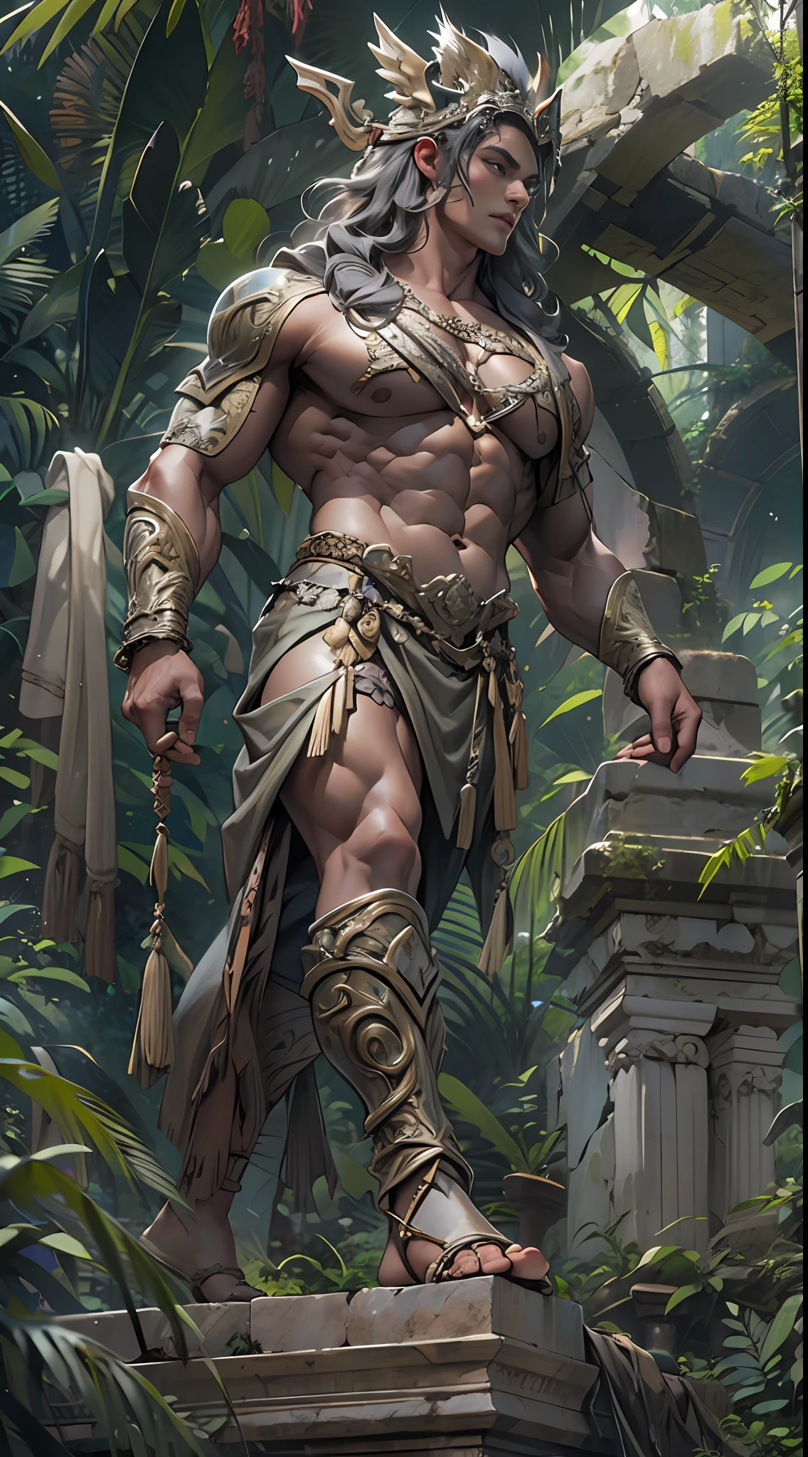 Sculpted warrior, exposed upper torso, legs bared from thighs to feet, flowing long curls, intricate muscular details, photorealistic depiction, 4K resolution. Background: Ancient temple ruins in a lush jungle,32k uhd, best quality, masterpiece, super detail, high details