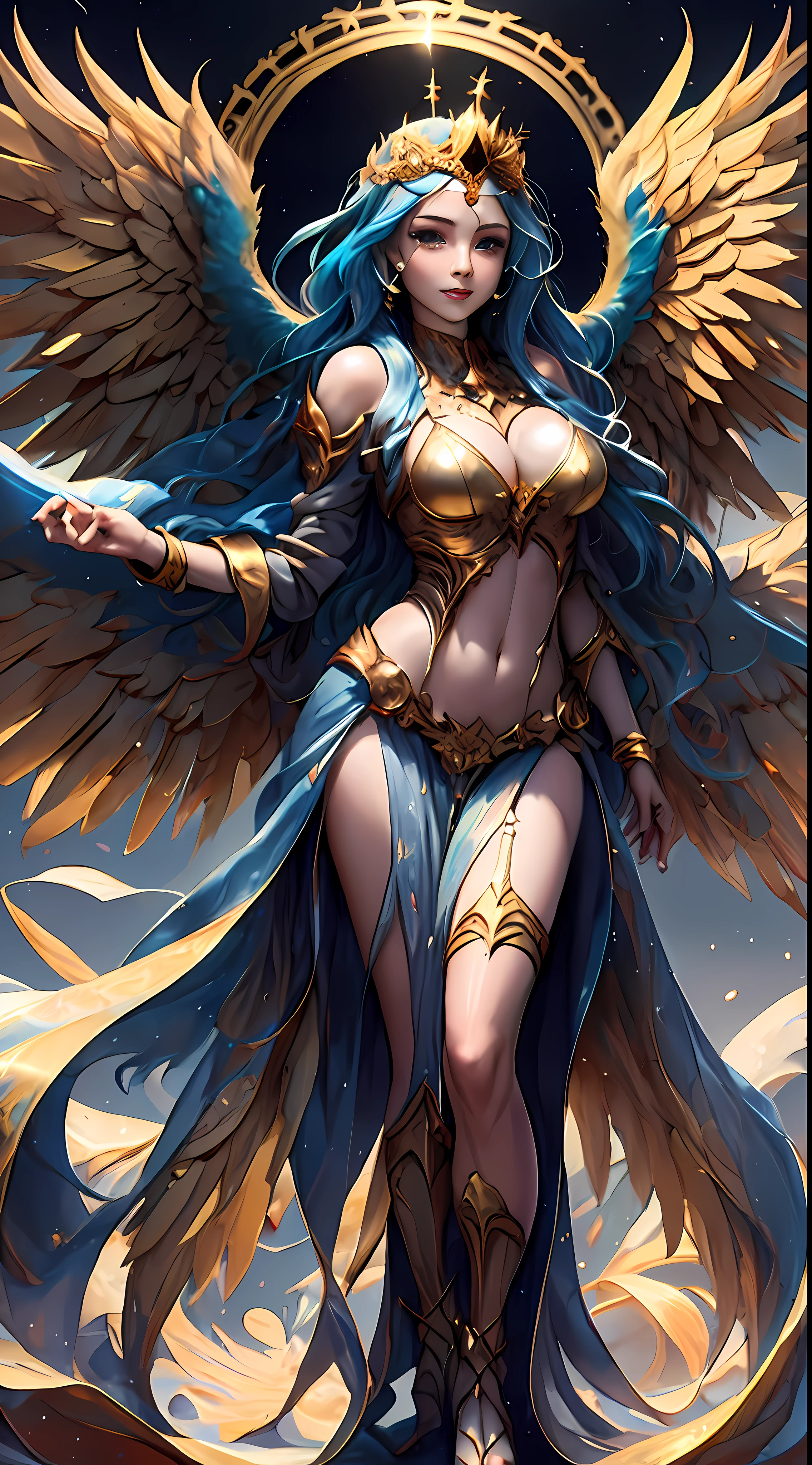 Pintura de una mujer con alas y un halo parada frente a un fuego, con ardientes alas doradas de llamas, Diosa del Fuego, Diosa de la ira, con ardientes alas doradas, aparece como la diosa del fuego, Arte del hechizo del fuego sagrado, tall female angel, Diosa del Fuego, full - body majestic angel, Diosa de la Luz, Artgerm Julie Bell Beeple, Hechizo de llama sagrada, Vibrant color palette game and super intricate great shadows, pintura mate, minuciosamente detallado, fino y delicadamente detallado, motor irreal delicadamente detallado con octanaje intrincado, fondo detallado en microminutos, complejidades 3D realzadas, Perfect and super detailed 8K composition, regla de los tercios, motionVFX, Sony Pictures Animation, The Foundry VFX, inmensamente perfecto, perfectamente detallado, intrincadamente definido, definitivamente real, Verdaderamente realista, Realistically epic, por Satori Canton, photography by alberto seveso