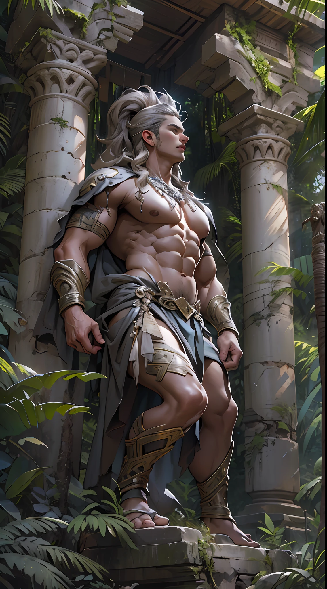 Sculpted warrior, exposed upper torso, legs bared from thighs to feet, flowing long curls, intricate muscular details, photorealistic depiction, 4K resolution. Background: Ancient temple ruins in a lush jungle,32k uhd, best quality, masterpiece, super detail, high details