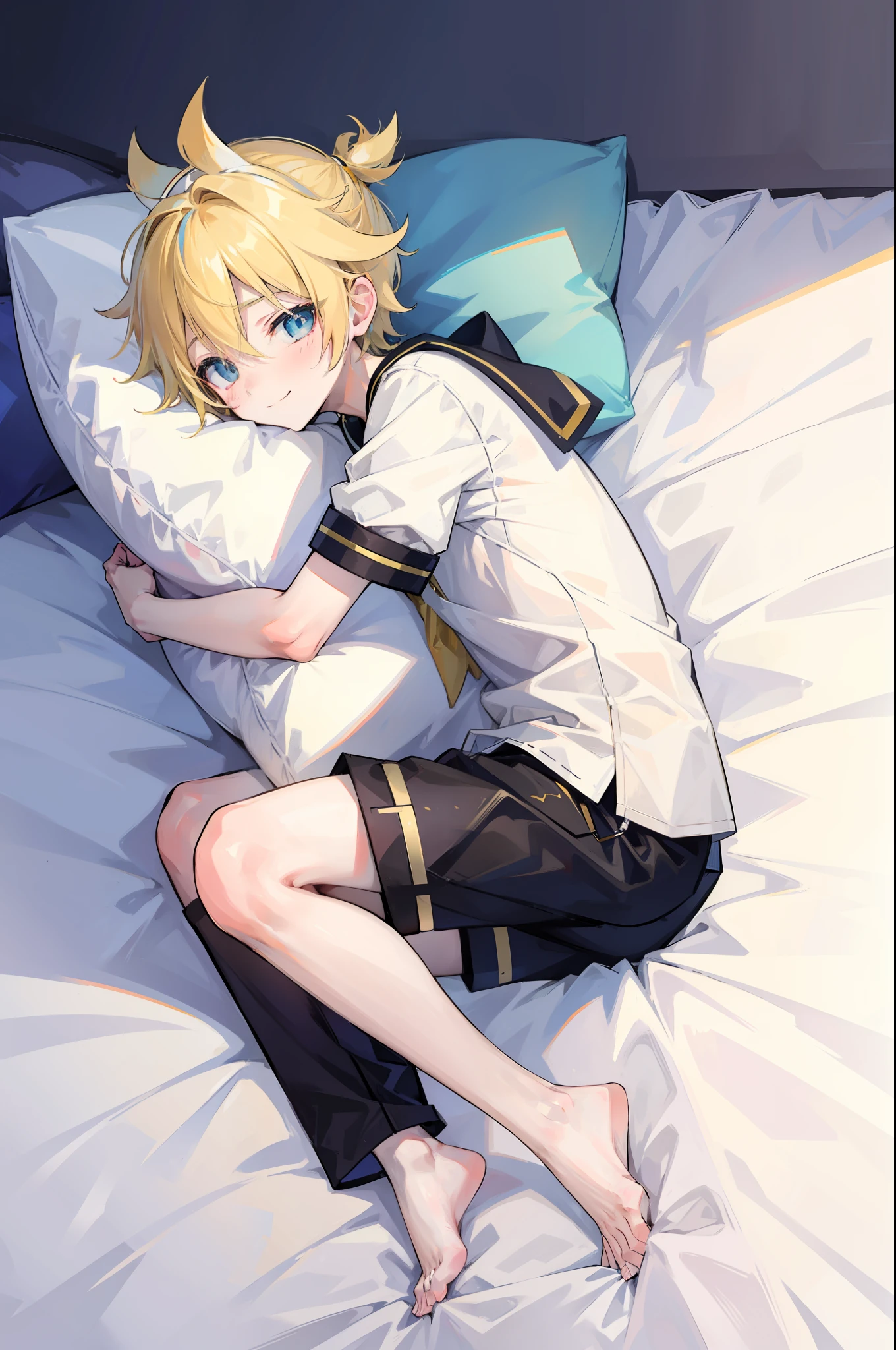 best quality, ultra precision, (one boy), (Len_Kagamine), blond hair, cowlick, on bed, character focus, black short pants, sailor uniform, innocent, slender, blush, cute, cool, smile a little, happy, handsome, he loves you, ager, high school student, lying on bed, full body, sleep with you, (hugging pillow), beautiful eyes