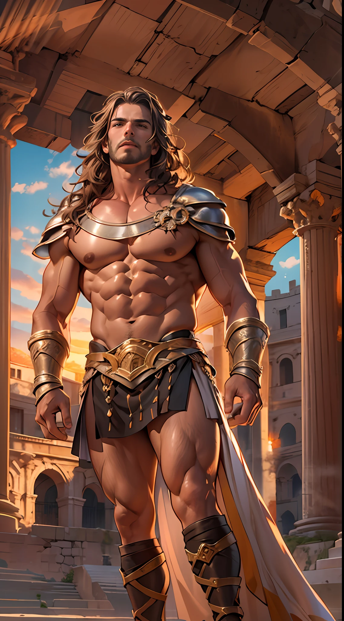 Mighty gladiator, chest uncovered, lower body revealed from thighs to feet, cascading long curls, detailed muscular physique, lifelike depiction, 4K resolution. Background: Colosseum during a spectacular sunset,32k uhd, best quality, masterpiece, super detail, high details