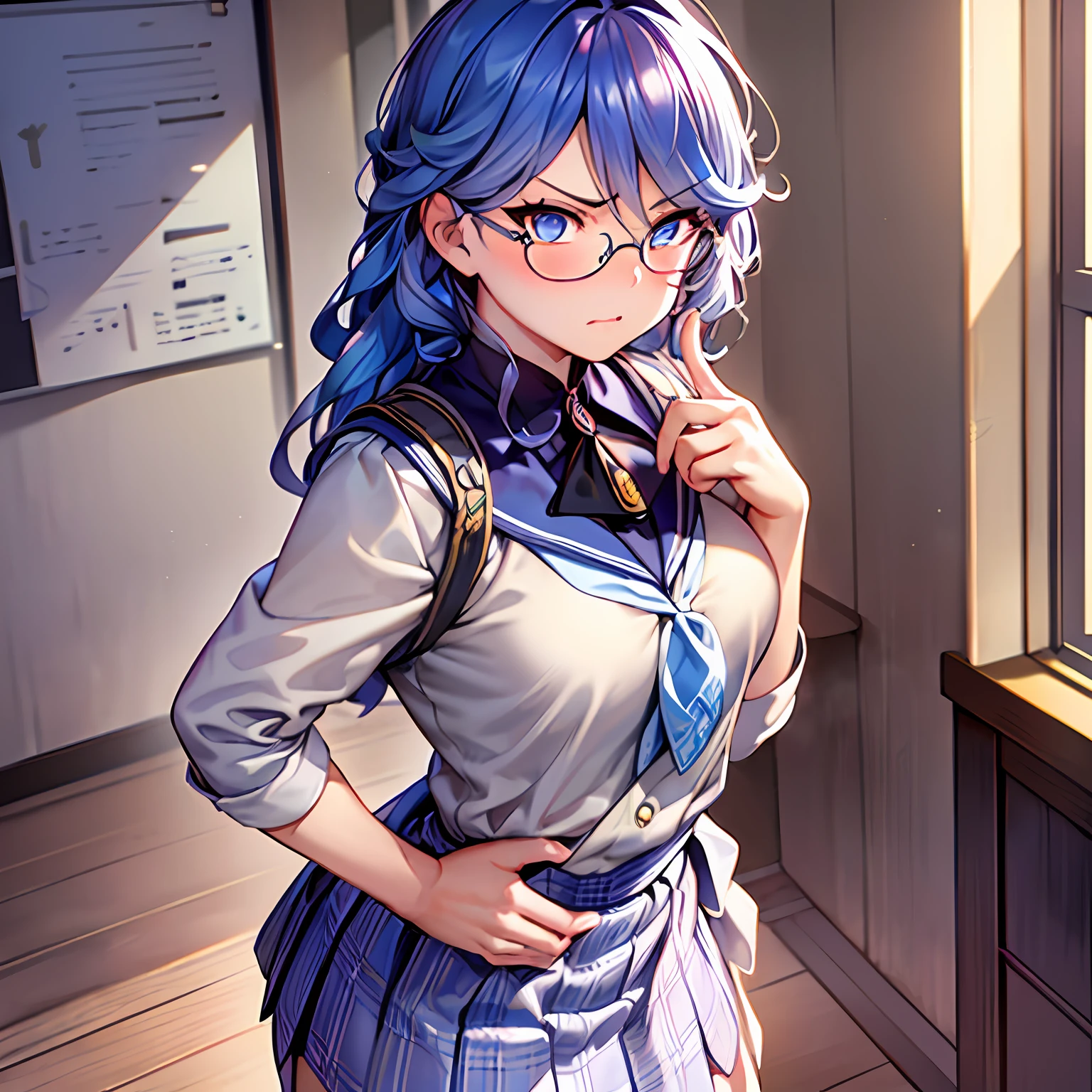 (masterpiece, best quality, ultra detailed, hyper realistic, photo),delicate pattern, detailed background, uncensored completely,
1Focalors, cowboy shot,  japanese girl, class room,
school uniform, loose collar, skirt, looking over eyewear,
hair between eyes,
put up index finger and one hand on hip,  angry with puffed cheeks,
from above, leaning forward,