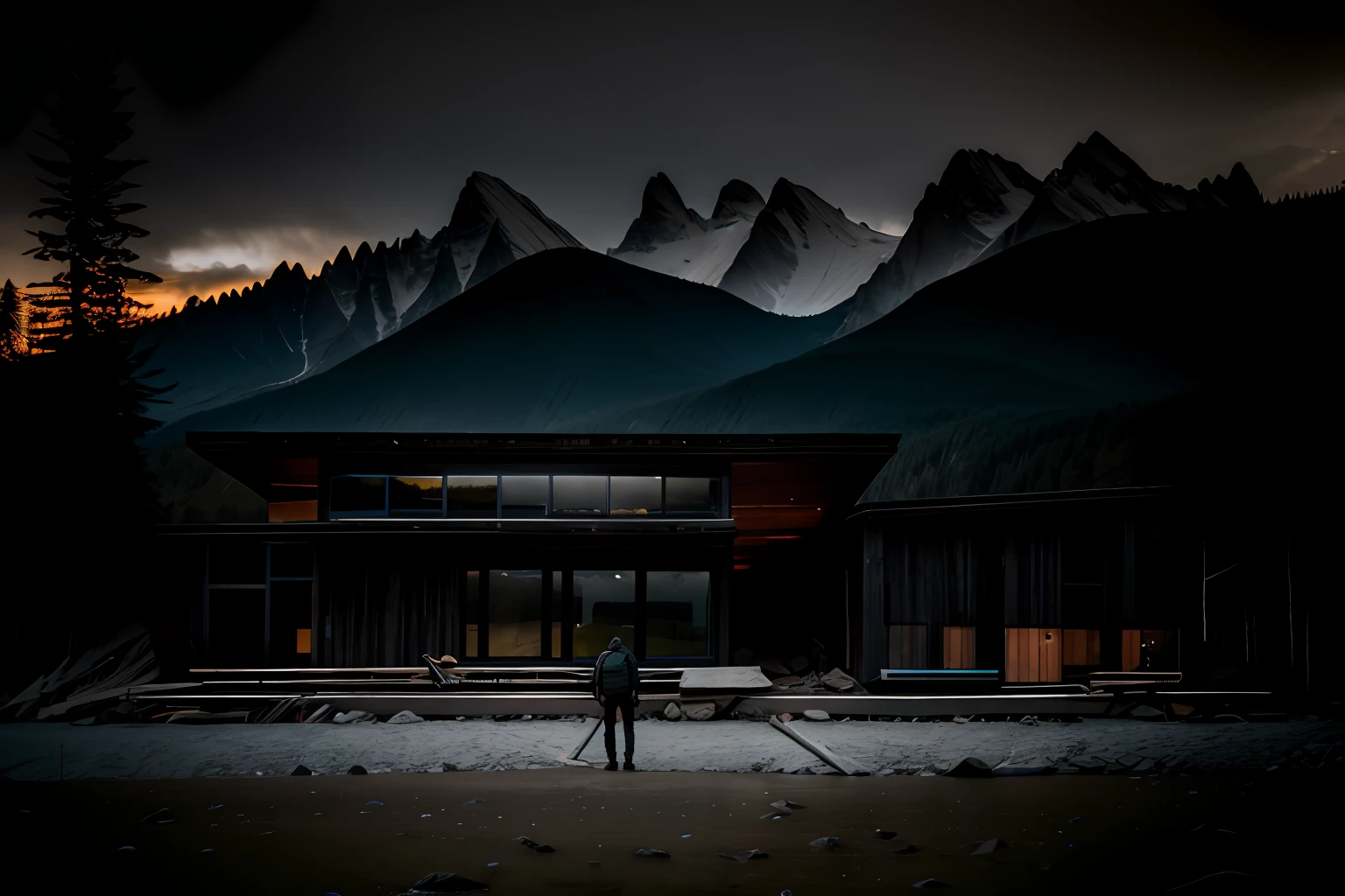RAW photo, nature, epic futuristic, dark, fade, warm, glow at sunset , raw, hdr, (mountains:1.3), traveler clothes, standing in the forest, natural skin, 8k uhd, high quality, film grain, Fujifilm XT3, cinematic, slate grey, dramatic light, architecture,