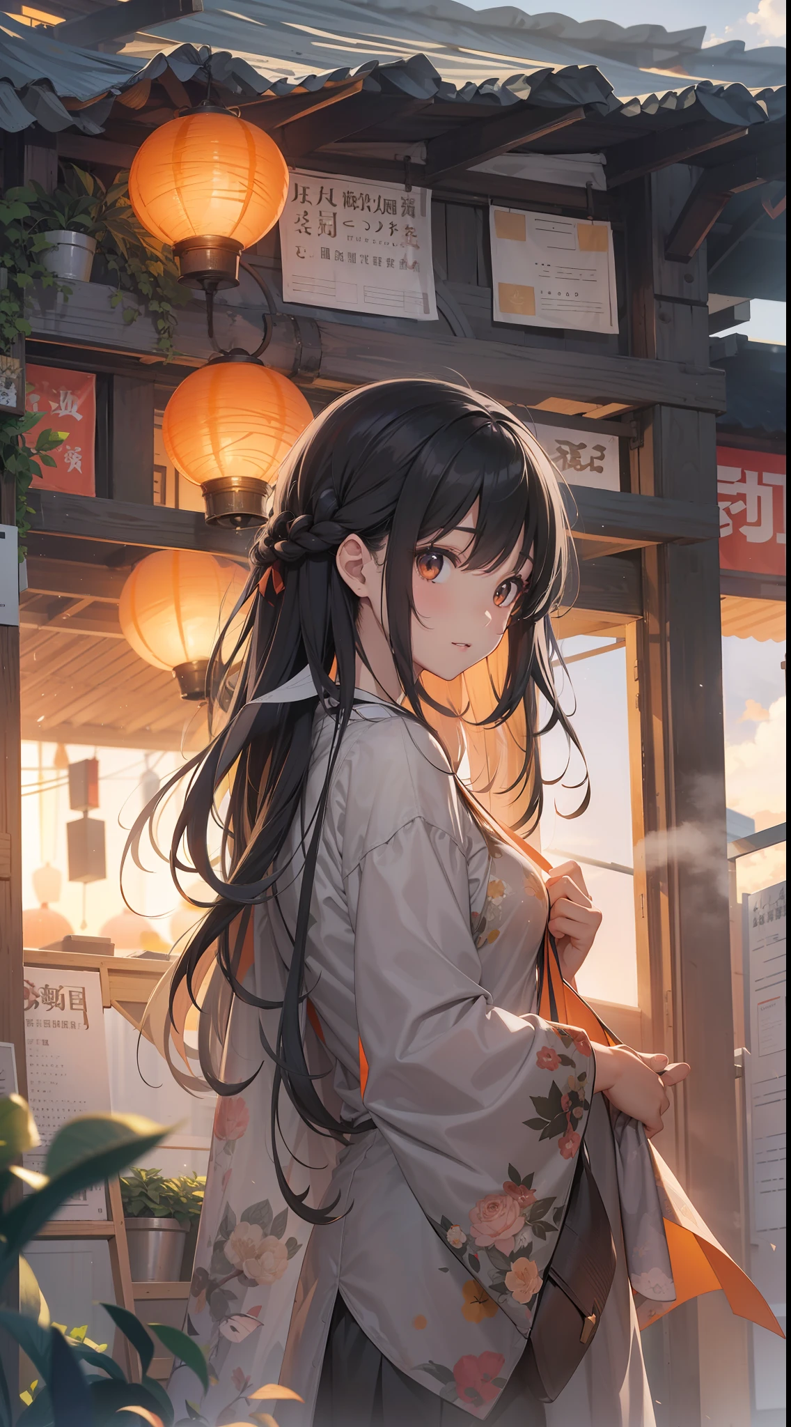 Top image quality　Original Characters、Volume Lighting、Shine black hair long hair、summer clothing、Summer Festivals、early evening、Orange reflection on building、Gray sky、paper lanterns