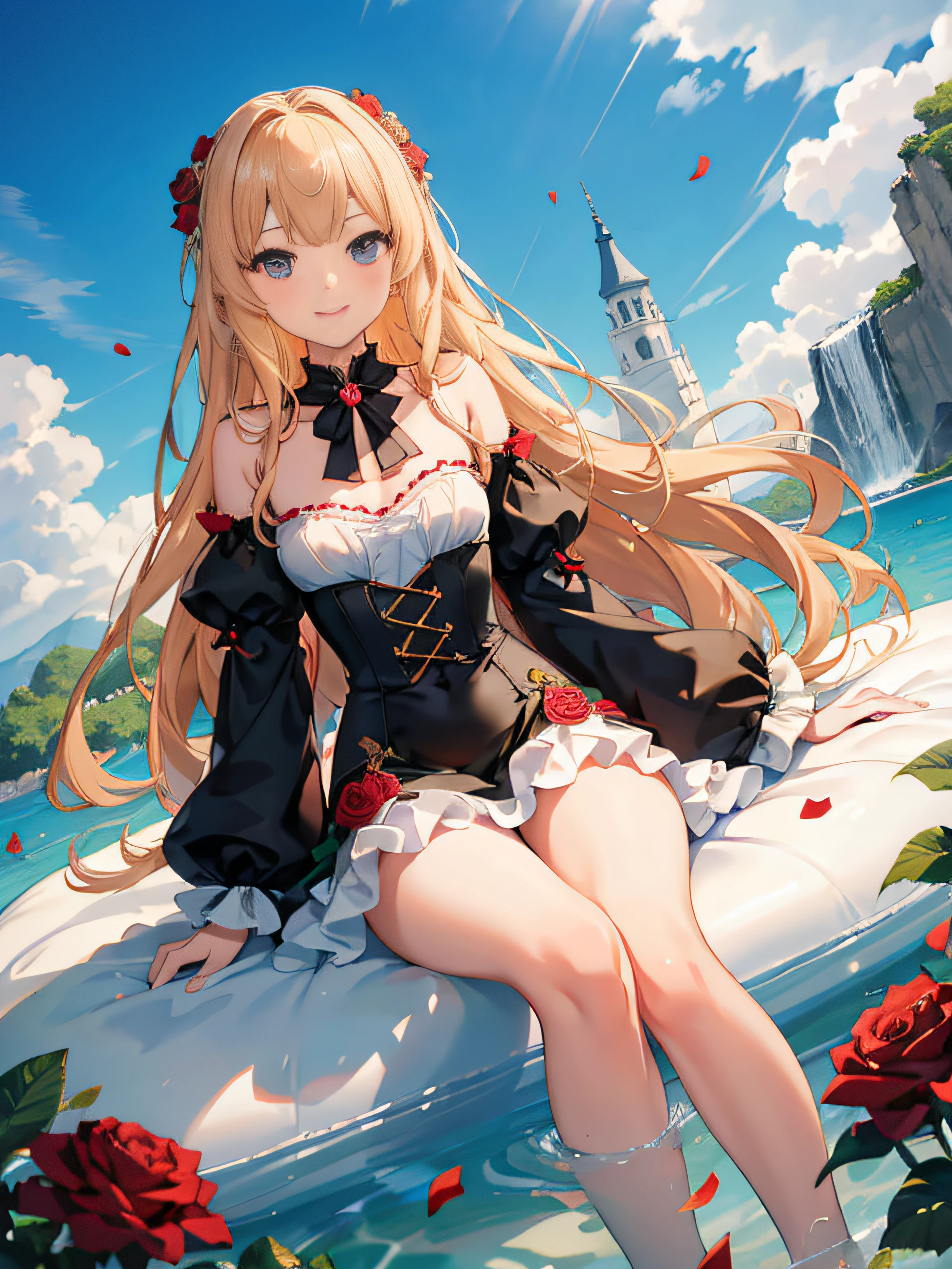 ((​masterpiece)), (top-quality), (detaileds),4K resolution. 1 Girl Sharp Focus、a blond,Princess Cut,odd eye,Older sister,diet,long,Red Rosa,tiarra,Black Dress,curlyhair,small tit,small tits,Cool,Rose Dress,embroideries,oriental,A sexy,Sareme,garden,Sunnyday,blue-sky,Confetti、small nose,narrow nose and small nose,,,,,,,,,,,,,,,,,,,,,,,,,,,,,,,,,,,High small nose,small nostrils,see -through,Full body like,oblique,1girl in,Golden hair color,Light hair color,Beige hair color,Rosa,Red Rose,Rosa,Red Rose,Rose Dress,weddingdress,Arm Cover，Adults，adult lady，veils，Kamimei,Red Rose,Rosa,Rosa,Rosa,Rosa，Rosa,Red Rose，Big sister，adult lady，adult lady，adult lady，，adult lady，adult lady，Adult Women Mermaid Dresses，Mermaid Dresses，corsets，corsets，corsets，corsets，A smile，Straight bangs,to stand、Standing by the water