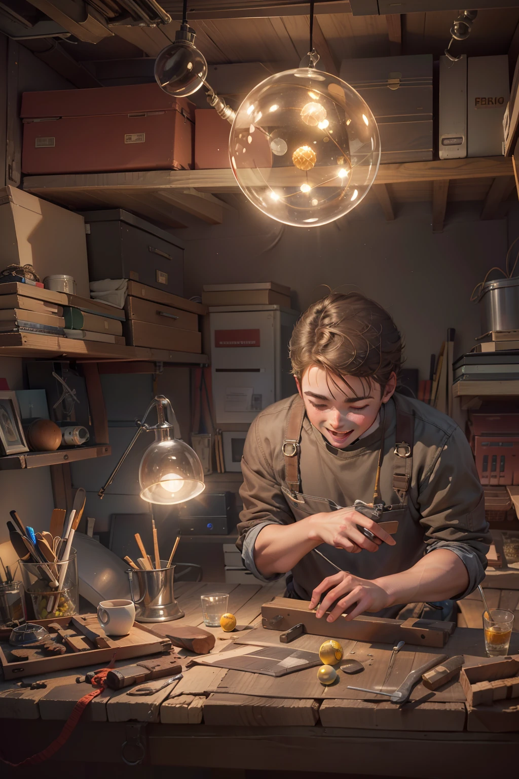 A happy young man working on a workbench,Above his head is a sacred ball of light,office room,higher details,Higher quality,