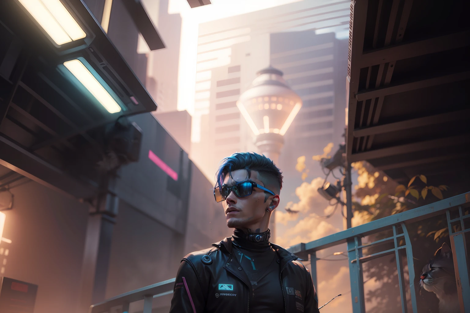 cyberpunk handsome boy ultra realistic with cat,