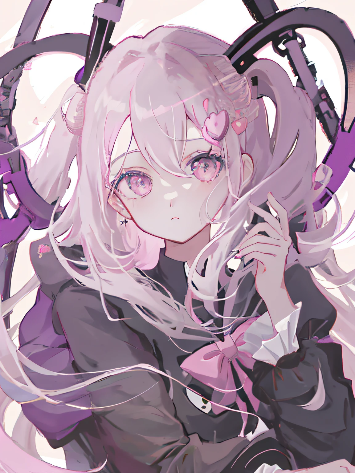 Anime girl holding a heart-shaped frame in her hand, Yandere, gapmoe Yandere, digital art from danganronpa, gapmoe Yandere grimdark, junko enoshima from danganronpa, akane owari danganronpa, nyaruko-san, anime visual of a cute girl, anime moe art style, small curvaceous ,pink short hair,M bangs,Black shirt