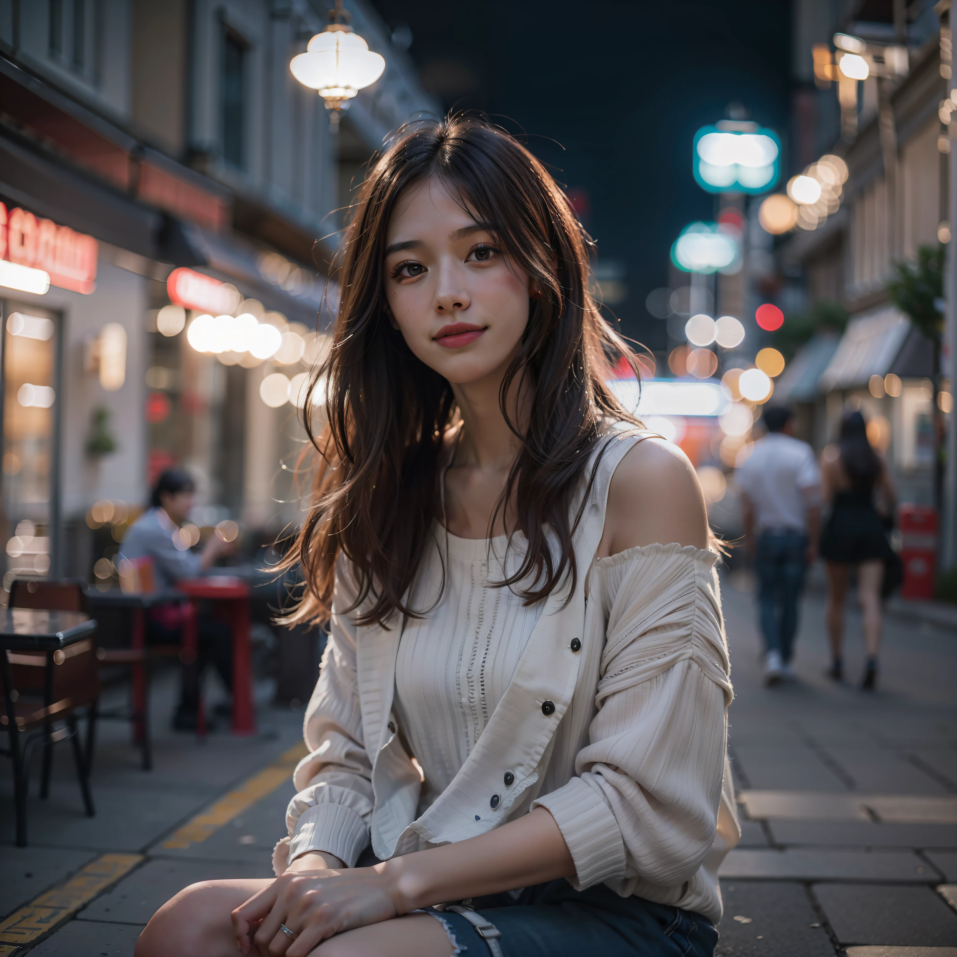 (8K, Best quality, Masterpiece:1.2), (Realistic, photo-realistic:1.37), Ultra-detailed, 1 girl,Cute, Solo,Beautiful detailed sky,Detailed Cafe,Sitting,dated,(nose blush),(Smile:1.15),(Closed mouth),filmgrain, Fujifilm XT3,(Ulzzang-6500:0.3),Nudity, ModelShoot style, NSFW,Beautiful detailed eyes,(Medium-hair long:1.2),Floating hair ,NovaFrogStyle, White skin,Cinematic light,Night Street,the street lights