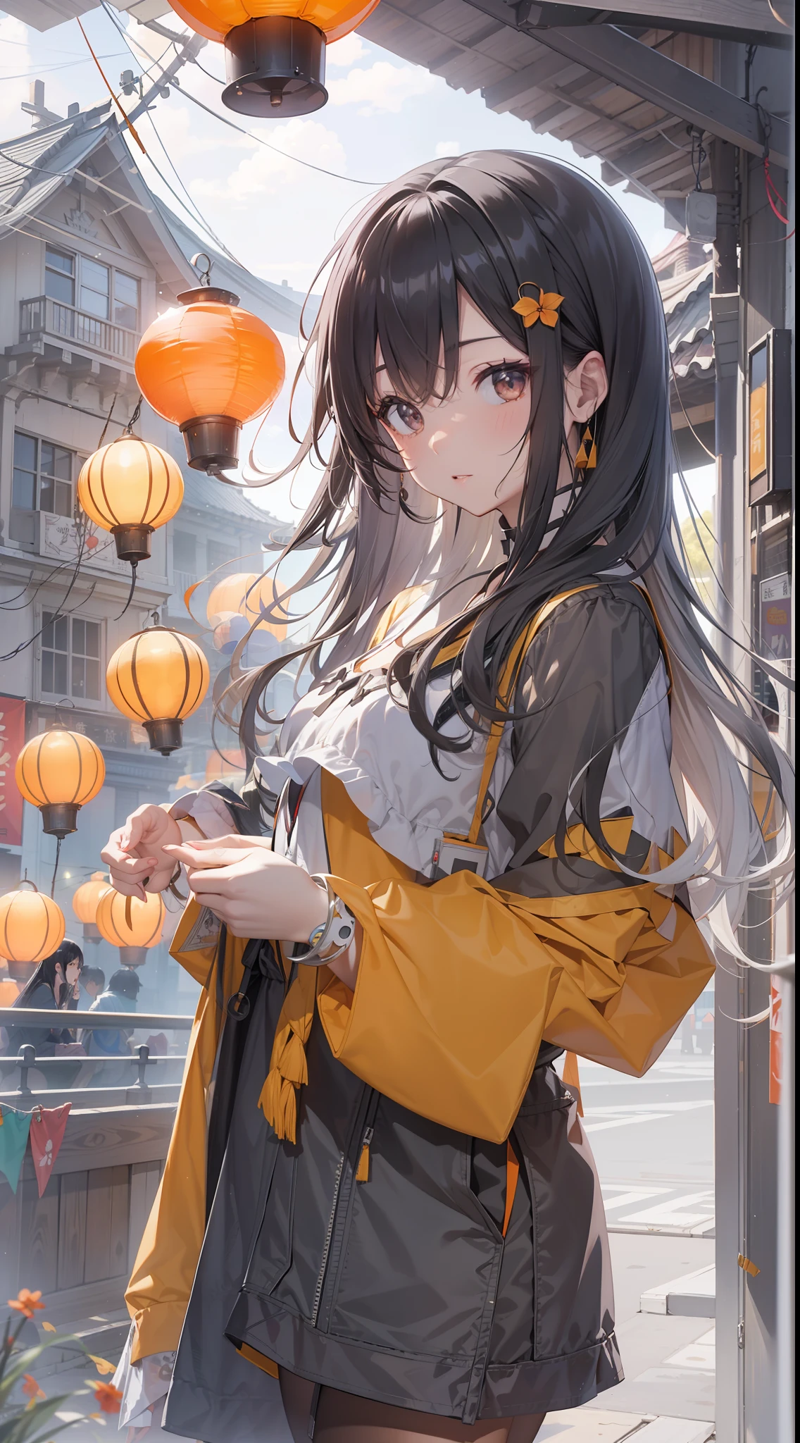 Top image quality Original Characters、Volume Lighting、Shine black hair long hair、summer clothing、Summer Festivals、early evening、Orange reflection on building、Gray sky、paper lanterns