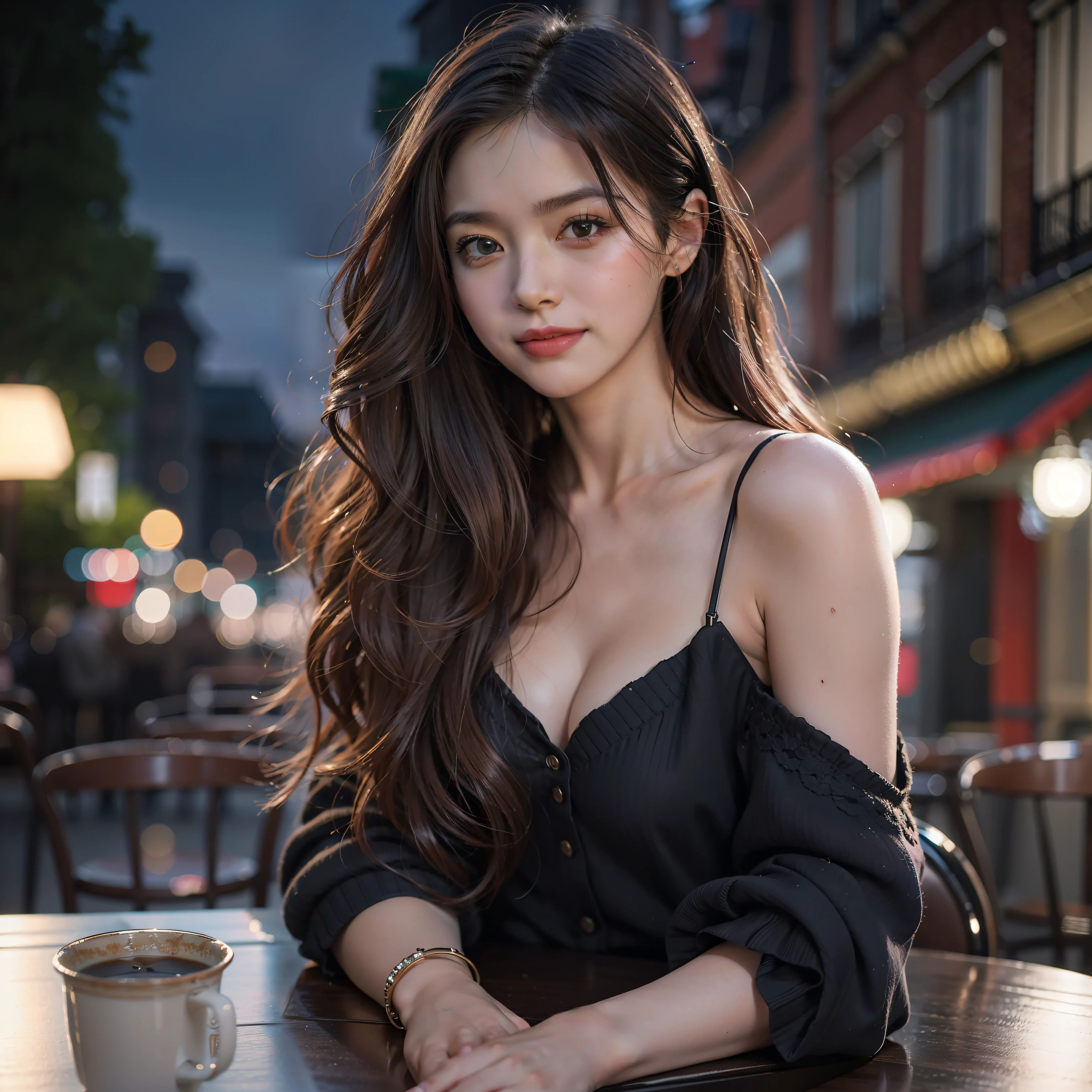 Araffe asian woman sitting at a table with a cup of coffee - SeaArt AI