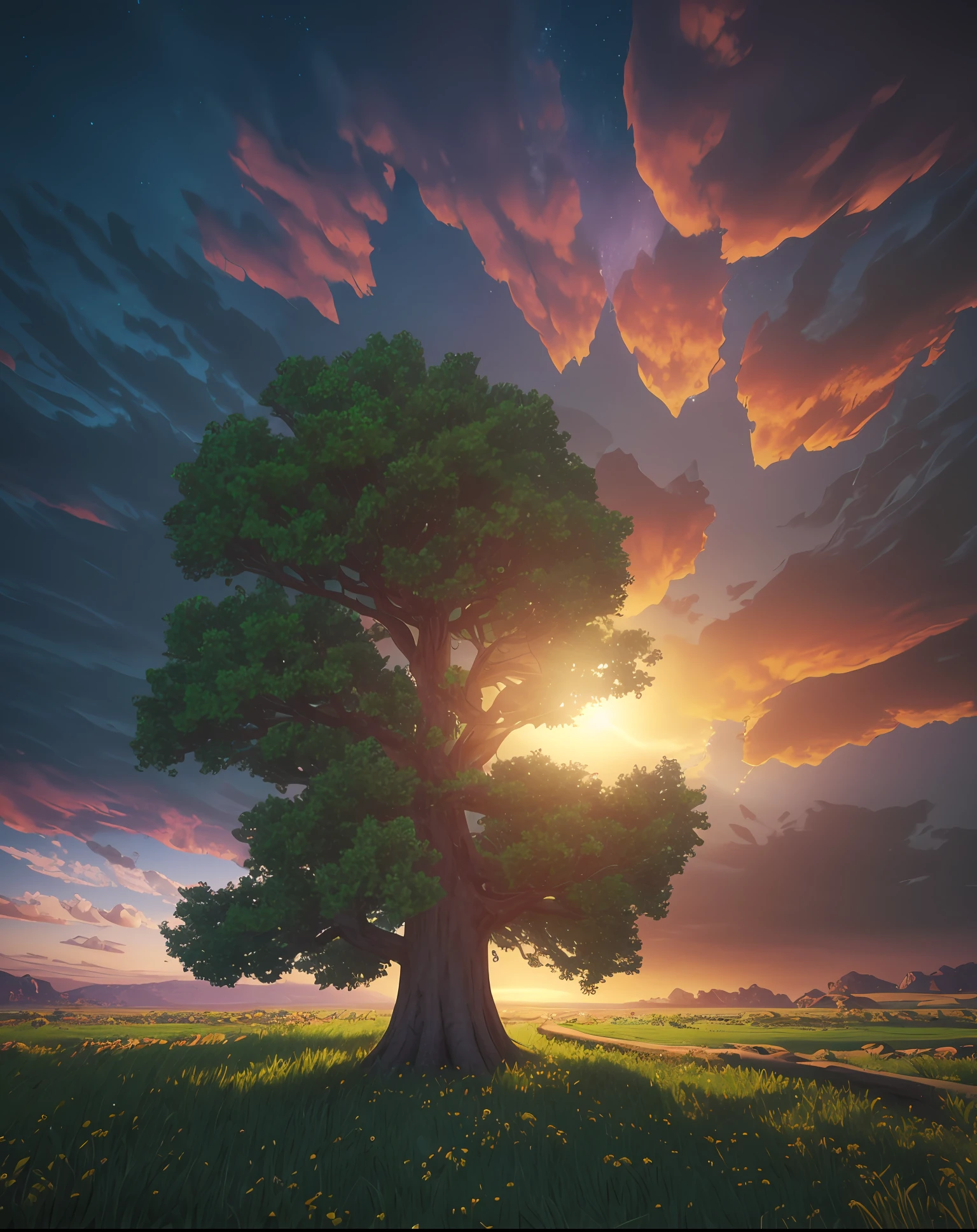 A quiet place, very pleasant, aesthetic, calm, landscaped. tree of life, thick and twisted trunk, day dawning, photorealistic, 8k uhd, studio quality, ultra realistic, post-processing, realistic, photorealism, photoshop, landscape photography, wide-angle lens, detailed, cinematic lighting, landscape, panoramic, landscape, raytracing, cinema4d