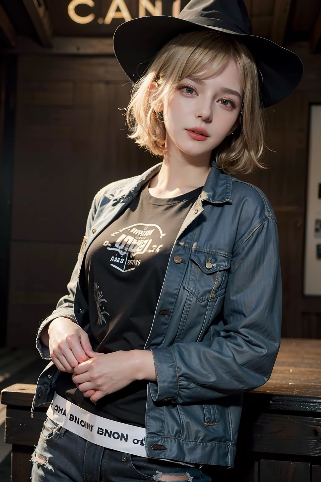 photo of  18yo girl, short hair, (blond hair:1.2), wearing an black shirt and levis jacket, witch hat,
best quality, realistic, photorealistic, (intricate details:1.2), (delicate detailed), (cinematic light), clear line, sharp focus, realistic face, detailed face
unity 8k wallpaper, ultra high res, (photorealistic:1.4), looking at viewer,
