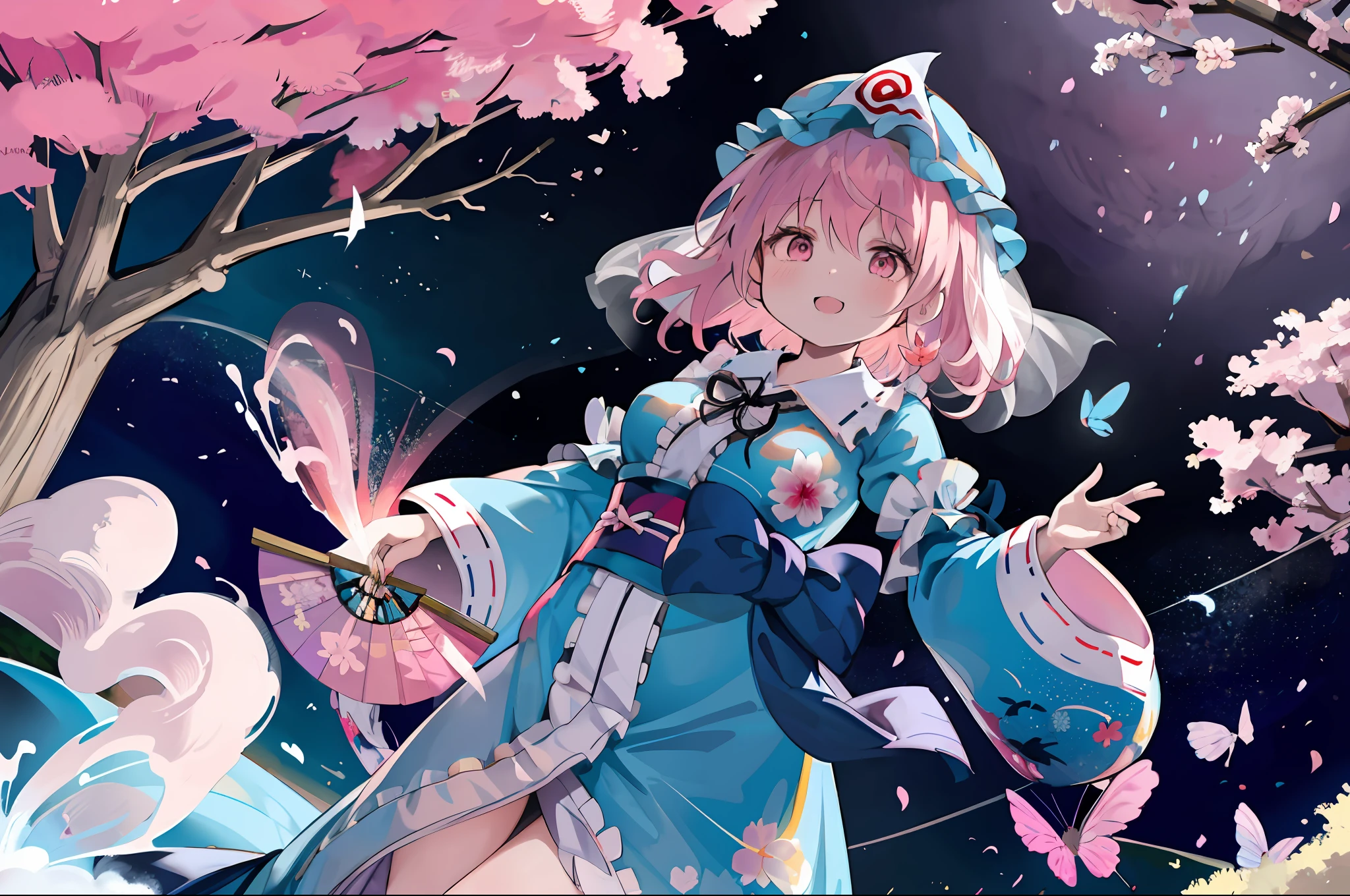 masutepiece, Best Quality, 1girl in, Saigyouji Yuyuko, butterfly, bug, Solo, Pink hair, Hand fan, hat, cherryblossom, Pink eyes, Short hair, Triangular headpiece, tree, komono, folding fan, flower petals, Wide sleeves, sash, Smile, Kimono, Long sleeves, mob cap, Looking at Viewer, Obi, Dress, frilld, breasts, Night, Dutch Angle, Blue Dress, Yellow eyes, veils, Blue kimono, Holding, bow ribbon, blazing, medium breasts