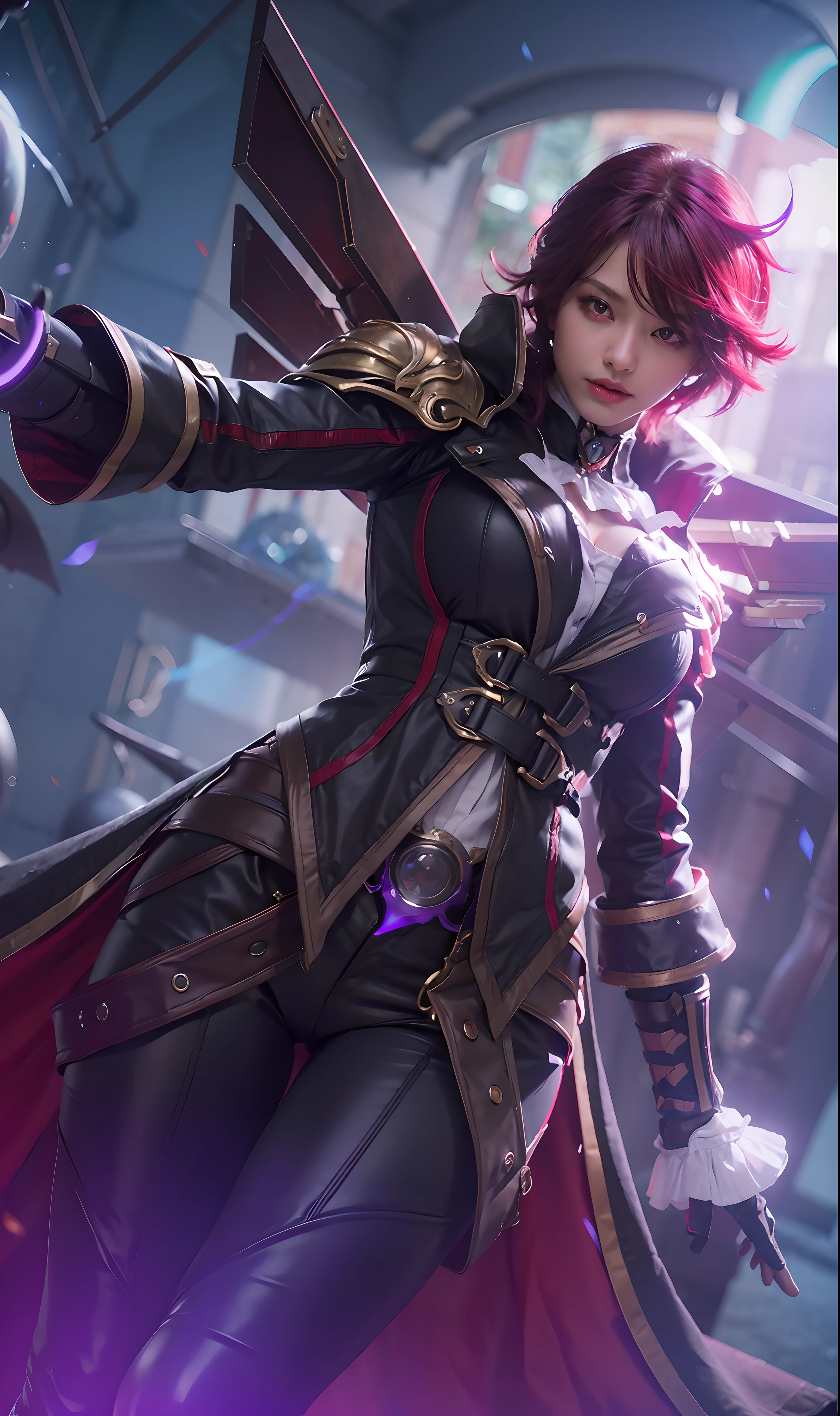 (female:1.2), 8k, ultra hd, ultra detailed texture, hyper realistic, masterpiece, detailed texture, detailed face, detailed skin, detailed lighting, (photorealistic:1.5), best quality, beautiful lighting, cinematic lighting, professional lighting, ultra highres, realistic, detailed hair, real hair, high quality, (realskin:1.5), extremely detailed, finely detail, ultra-detailed, 1girl, solo, floating, (red eyes:1.5), fire eyes, glowing eyes, black lips, v-shapped eyes, closed mouth, angry, colored skin, dark skin, purple skin, nose, pretty, beautiful, make up, cute face, evil smile, short hair, red hair bangs, large breasts, thigh, pauldrons, black pants, belt, purple coat, mechanical wings, armor shoulder, gloves, eudora \(mobile legends\), depth of field, looking aways, skin tight, amazing pose, glowing electric, lighting, blurry background