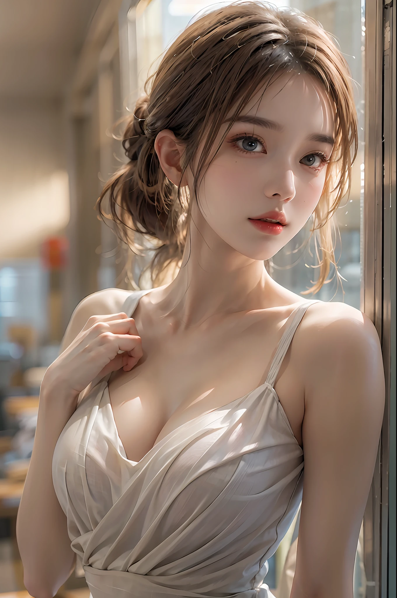 photorealistic, high resolution, 1 women, solo, hips_up, hips up, beautiful eyes, look at viewer, close lips, detailed face, long hair, tutu dress, training room