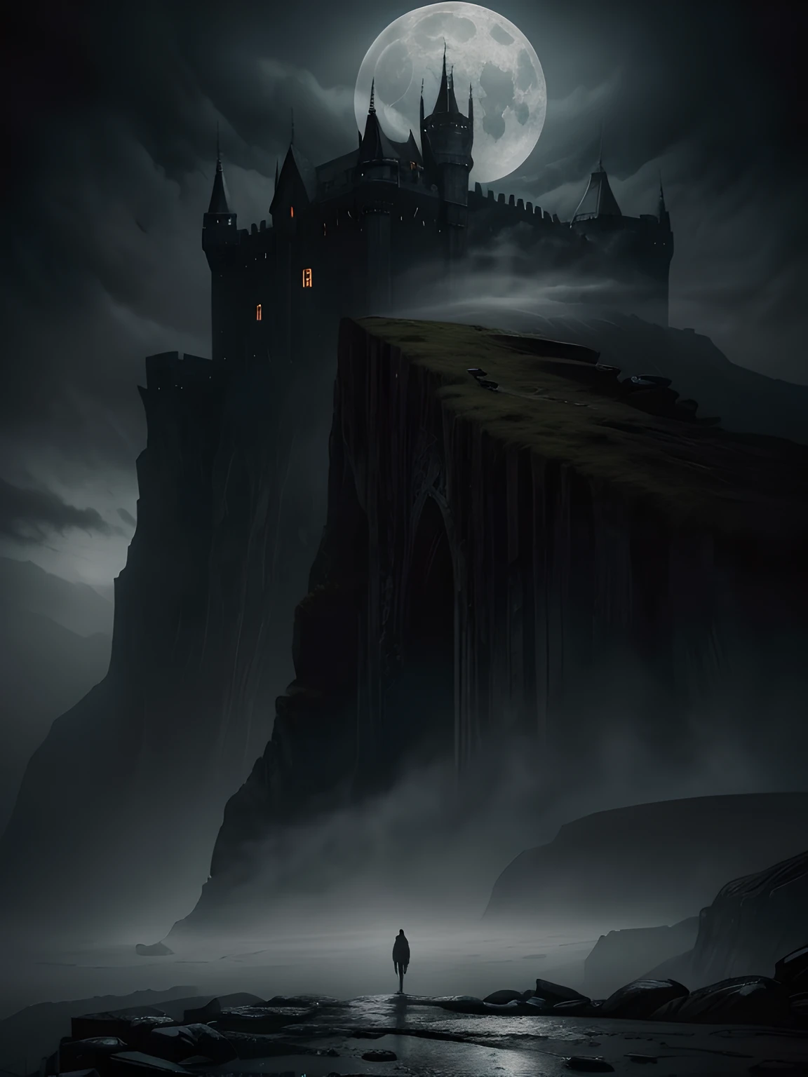 In the heart of a desolate and mist-shrouded landscape stands an ancient and imposing dark castle. Perched on a rocky cliff, the castle looms over the surrounding wilderness, its spires reaching towards the brooding sky. A lone figure, cloaked in darkness, stands at the castle's entrance, as if drawn to explore the secrets hidden within. Dark, mysterious, eerie, misty, gothic, ancient, haunting, ominous, foreboding, highly detailed, sharp focus, intricate, moonlit, dramatic lighting. Art by Wayne Barlowe, Greg Rutkowski, and Zdislav Beksinski. Gothic architecture, dark fantasy illustration, and macabre artwork. Highly detailed digital painting, sharp focus, 4K UHD image, cinematic view.