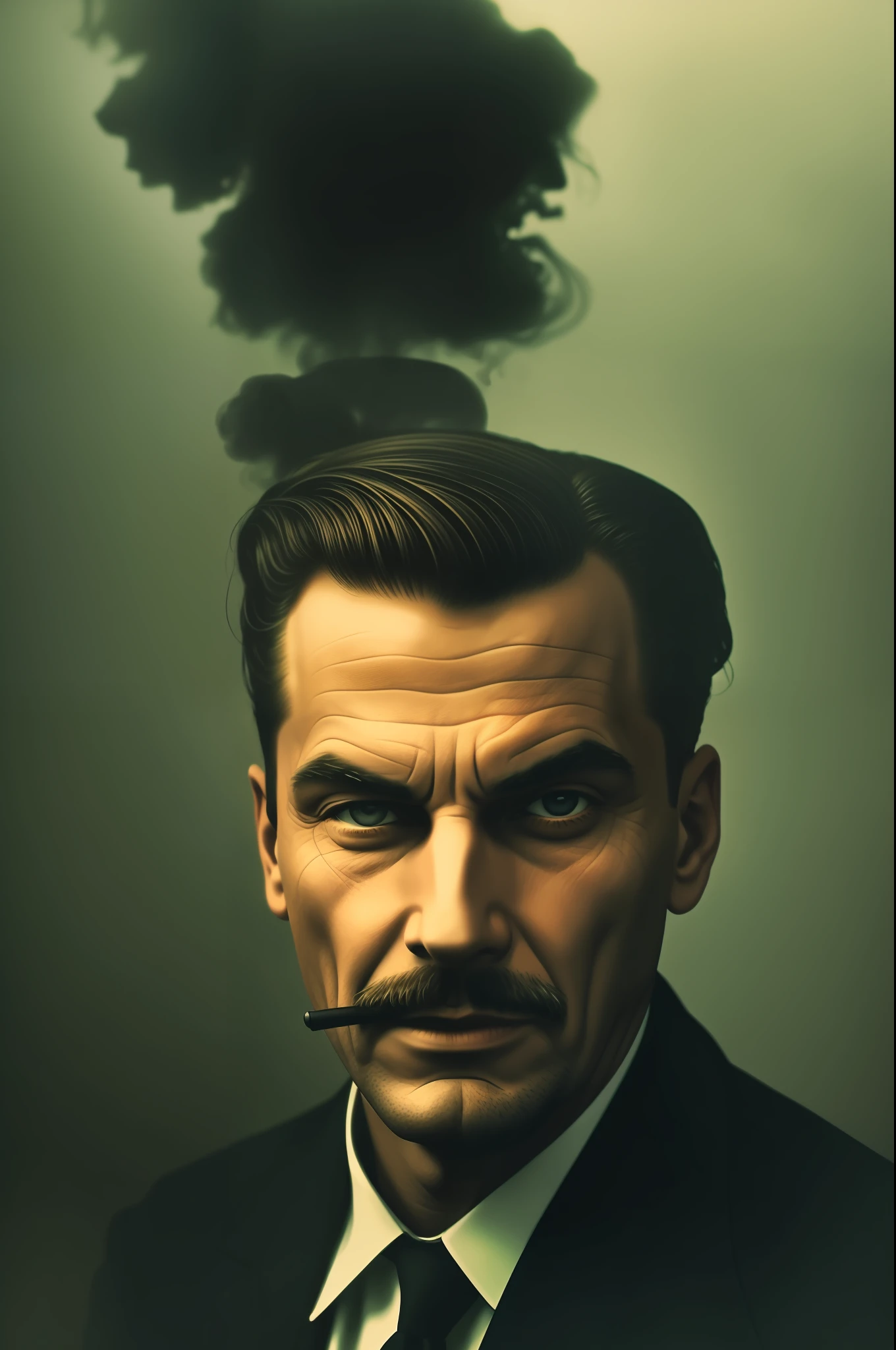 misty atmosphere, portrait of a man, evil face, dangerous, 1950s, post-war era, colored
