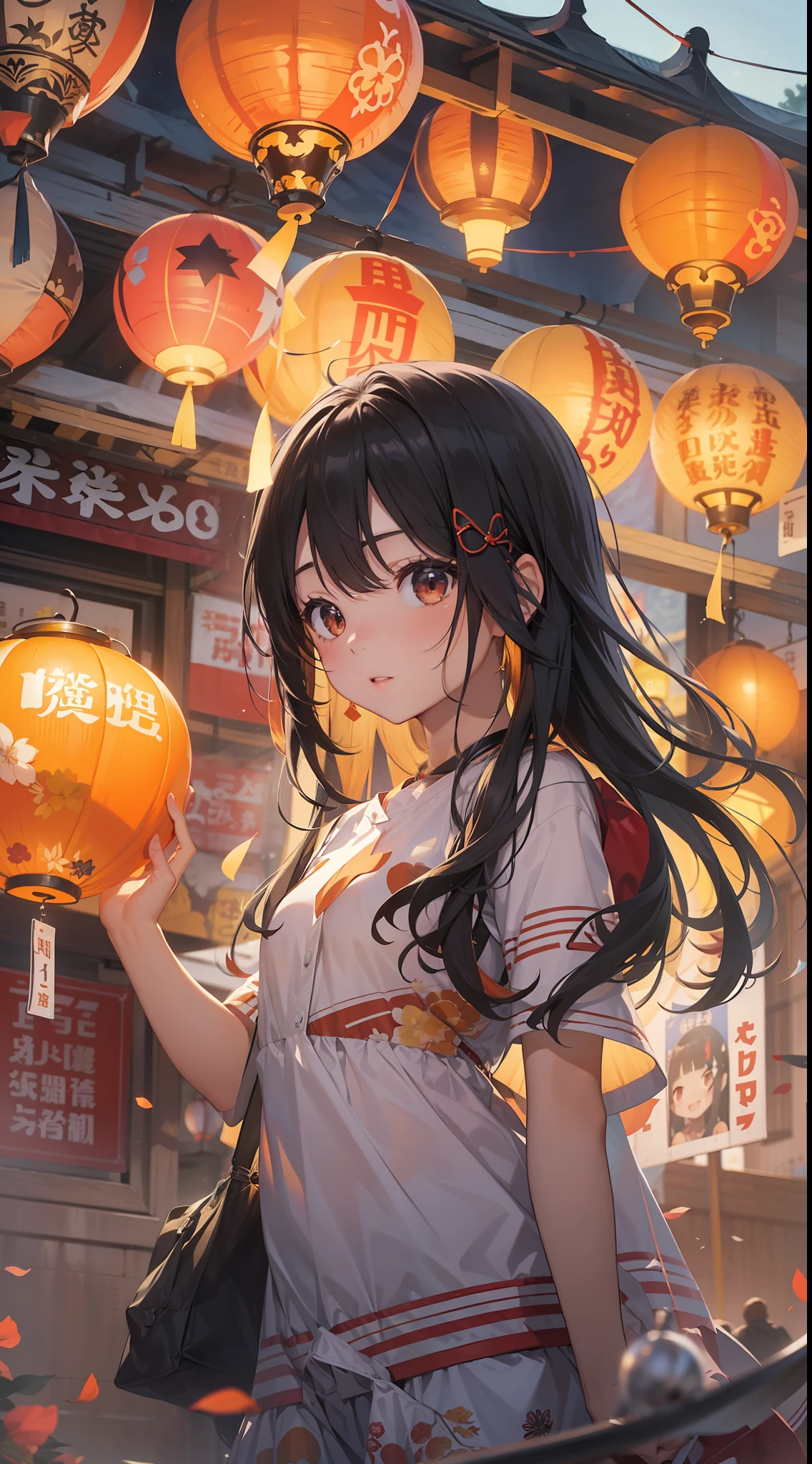 Top image quality　Original Characters、Volume Lighting、Shine black hair long hair、summer clothing、Summer Festivals、early evening、Orange sky、paper lanterns