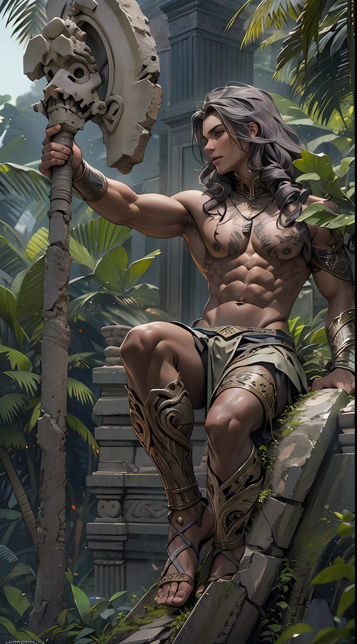 Sculpted warrior, exposed upper torso, legs bared from thighs to feet, flowing long curls, intricate muscular details, photorealistic depiction, 4K resolution. Background: Ancient temple ruins in a lush jungle,32k uhd, best quality, masterpiece, super detail, high details
