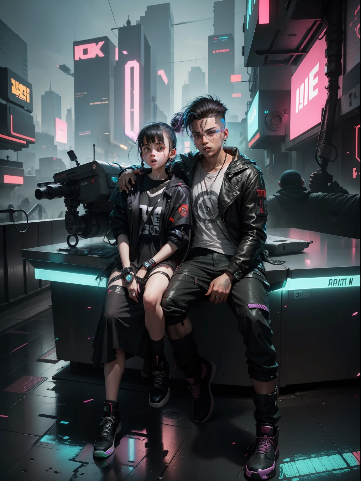 Background change cyberpunk cute boy and girl baby  ultra reaction face