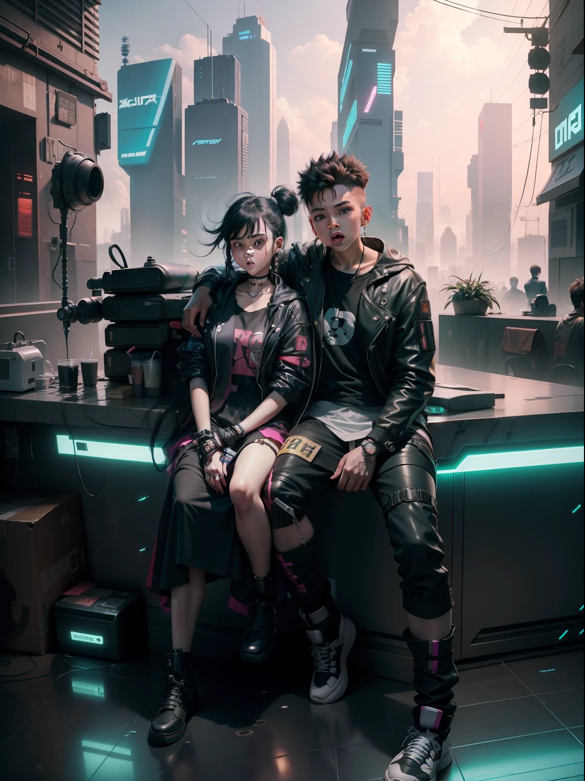 Background change cyberpunk cute boy and girl baby  ultra reaction face