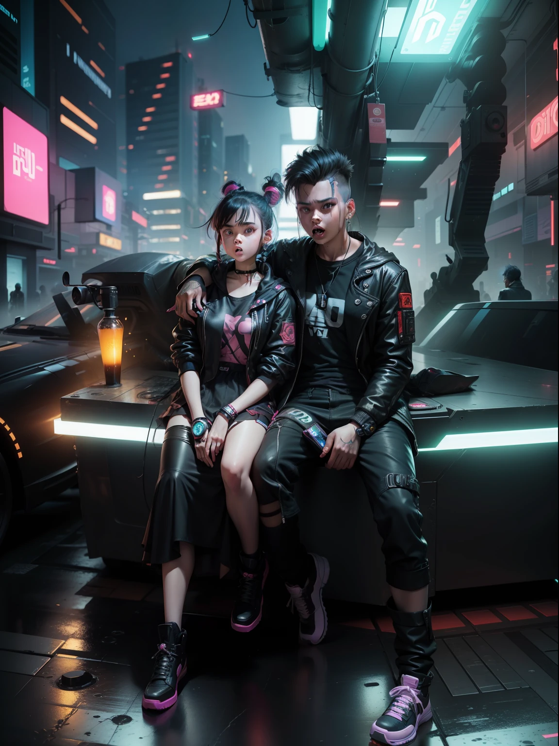 Background change cyberpunk cute boy and girl baby ultra reaction face