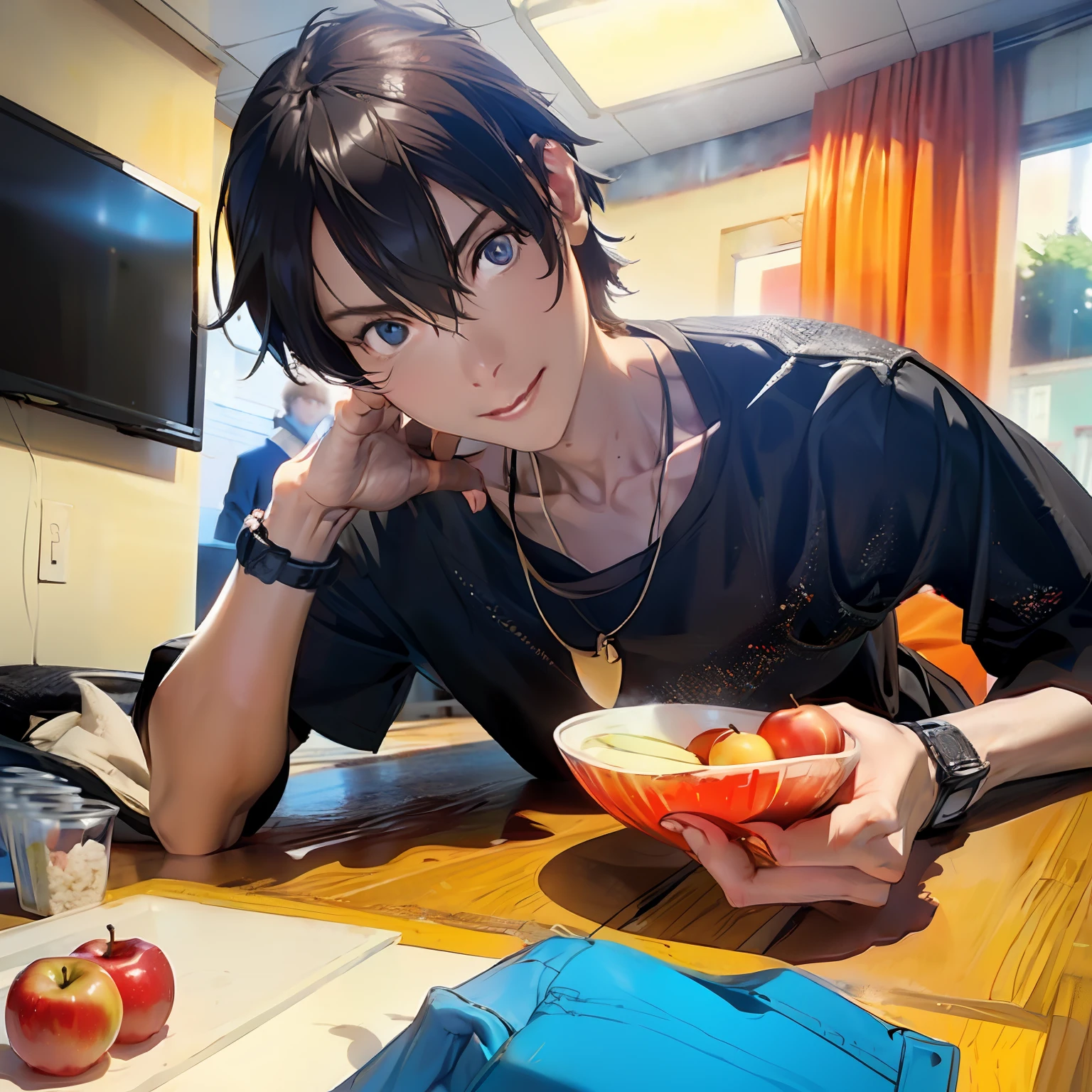 1boy, apple, bag, bangs, berry, black hair, black shirt, blue eyes, hair between eyes, jewelry, leaf, looking at viewer, male focus, necklace, pants, shirt, solo, watch, white pants, wristwatch, messy hair, trending on artstation, 8k resolution, highly detailed, anatomically correct, sharp image, digital painting, concept art, trending on pixiv, style of makoto shinkai,