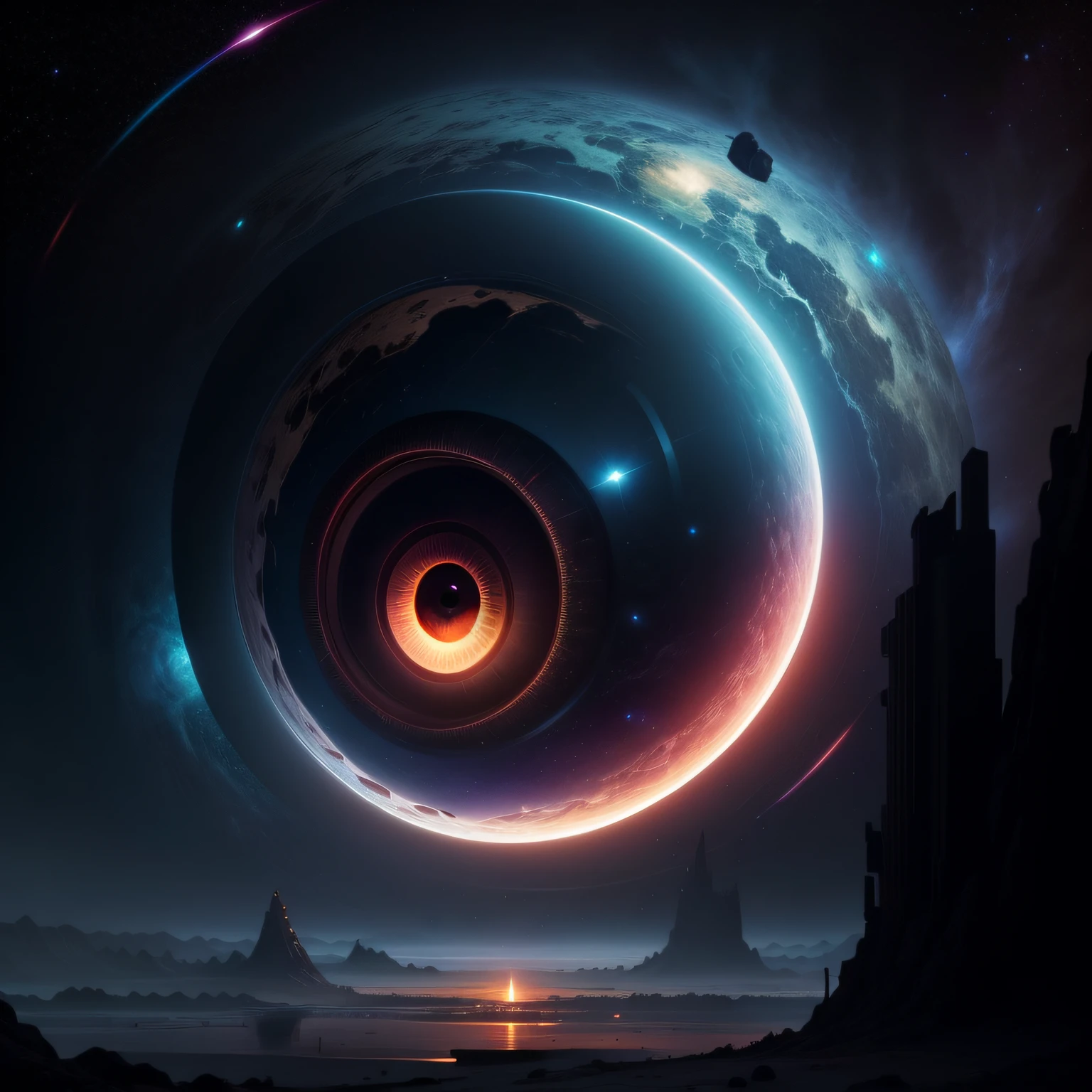 A giant eye,Gaze at the vastness of the universe,No Man,cyber punk perssonage,The vast universe accounts for 3 of the map/4 area
