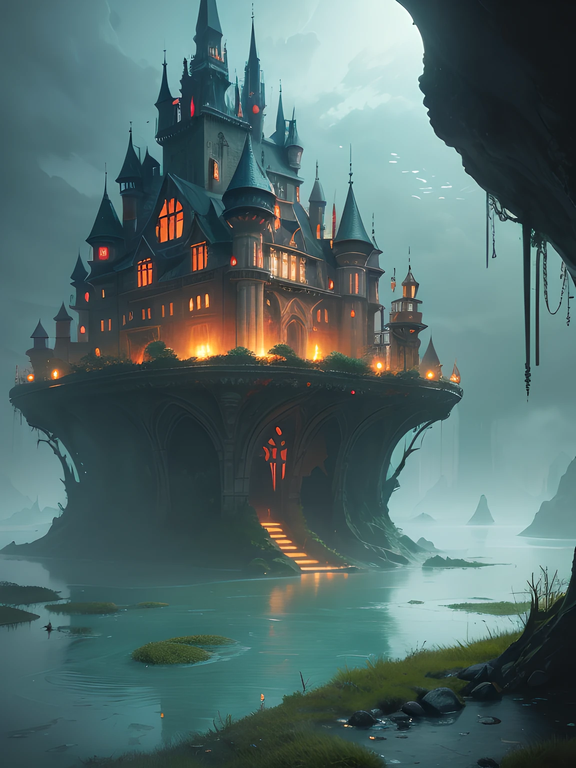 Create a surreal fantasy landscape of a dark castle in the misty underwater pond of an alien planet. Art must be in oil on canvas, With dynamic lighting with shades of green, naranja, y rojo. Use computer graphics techniques such as Octane and Cycles to achieve high-definition quality.